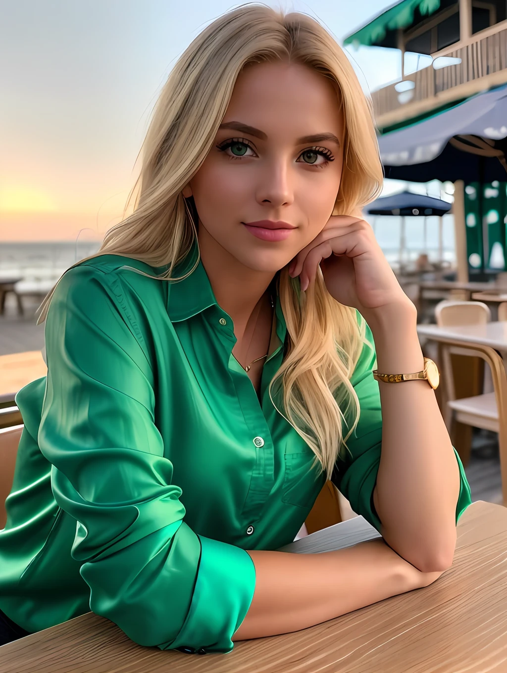 photo of (sh0hreh:0.99), a stunning beautiful blonde young woman, green eyes, short messy windy hair, closeup zoomed in tight crop portrait, sitting at a (table on a seaside boardwalk cafe bar drinks cocktails:1.2) wearing a (green designer male shirt:1.3) (drinks on table:1.3) (Lighting-Gold:1.2) foreground objects background details (masterpiece:1.2) (photorealistic:1.2) (bokeh:1.2) (best quality) (color grading) (detailed skin:1.3) (intricate) (8k) (HDR) (cinematic lighting:1.3) (sharp focus)