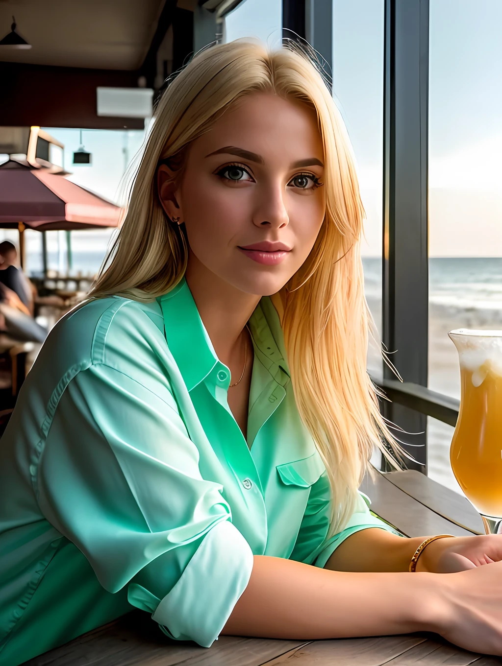 photo of (sh0hreh:0.99), a stunning beautiful blonde young woman, green eyes, short messy windy hair, closeup zoomed in tight crop portrait, sitting at a (table on a seaside boardwalk cafe bar drinks cocktails:1.2) wearing a (green designer male shirt:1.3) (drinks on table:1.3) (Lighting-Gold:1.2) foreground objects background details (masterpiece:1.2) (photorealistic:1.2) (bokeh:1.2) (best quality) (color grading) (detailed skin:1.3) (intricate) (8k) (HDR) (cinematic lighting:1.3) (sharp focus)