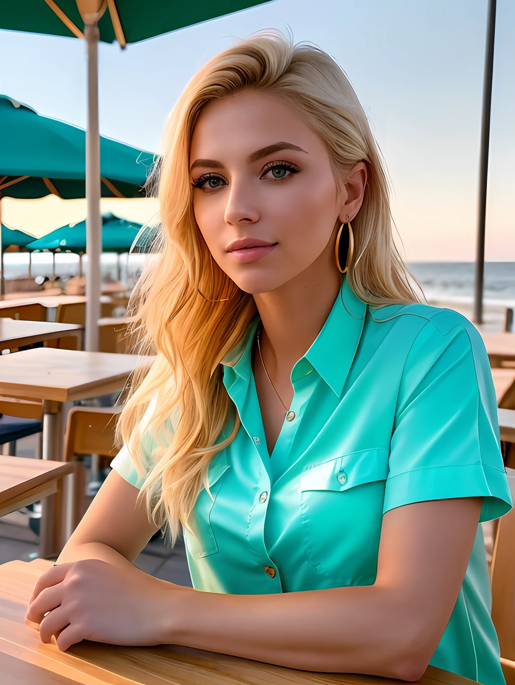 photo of (sh0hreh:0.99), a stunning beautiful blonde young woman, green eyes, short messy windy hair, closeup zoomed in tight crop portrait, sitting at a (table on a seaside boardwalk cafe bar drinks cocktails:1.2) wearing a (green designer male shirt:1.3) (drinks on table:1.3) (Lighting-Gold:1.2) foreground objects background details (masterpiece:1.2) (photorealistic:1.2) (bokeh:1.2) (best quality) (color grading) (detailed skin:1.3) (intricate) (8k) (HDR) (cinematic lighting:1.3) (sharp focus)