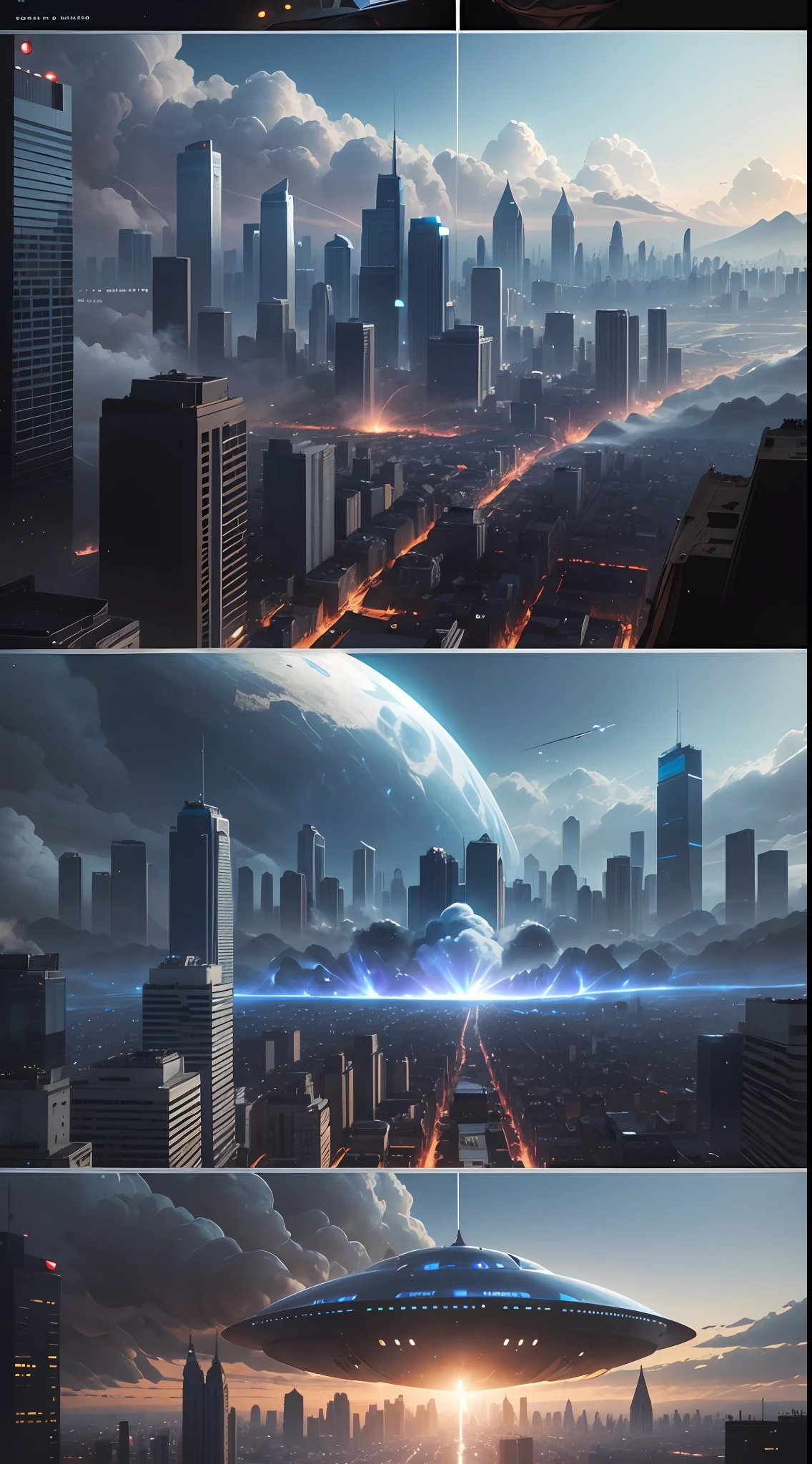 /imagine prompt: [Illustration storyboard] comic page, multiple images on one page: alien spaceship landing on Earth (far view), smoke and dust in the city (medium view), a group of people with weapons, fighting alien creatures (close-up) [multi-camera continuous shooting] cobalt blue and reflective silver, film P30, unequal slash composition, in David Arno Schwaiger style