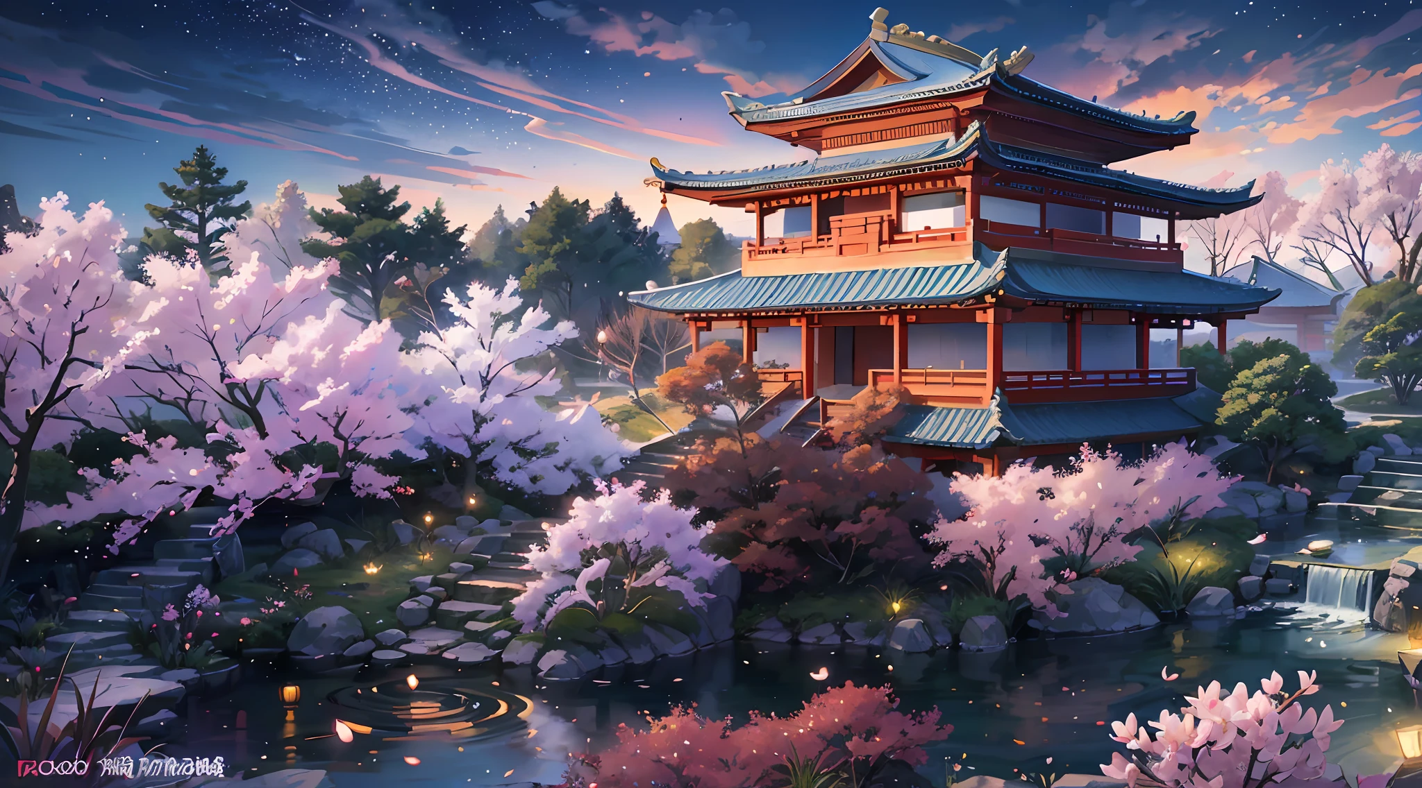 Chinese Garden, Ancient Chinese Architecture, Small Bridge and Flowing Water, Night Starry Sky, Summer Night Sky, Fireflies, Bamboo Forest, Sea of Flowers, Full Moon Night, Cherry Blossom Trees, Extreme Details, Realistic Light, Epic Composition, (Intricate Details), (No Watermark), (Intricate Design, Ultra Detail: 1.2), Art Station, (Masterpiece, Best Quality), Ultra HD, 32K --auto --v 6 --s2