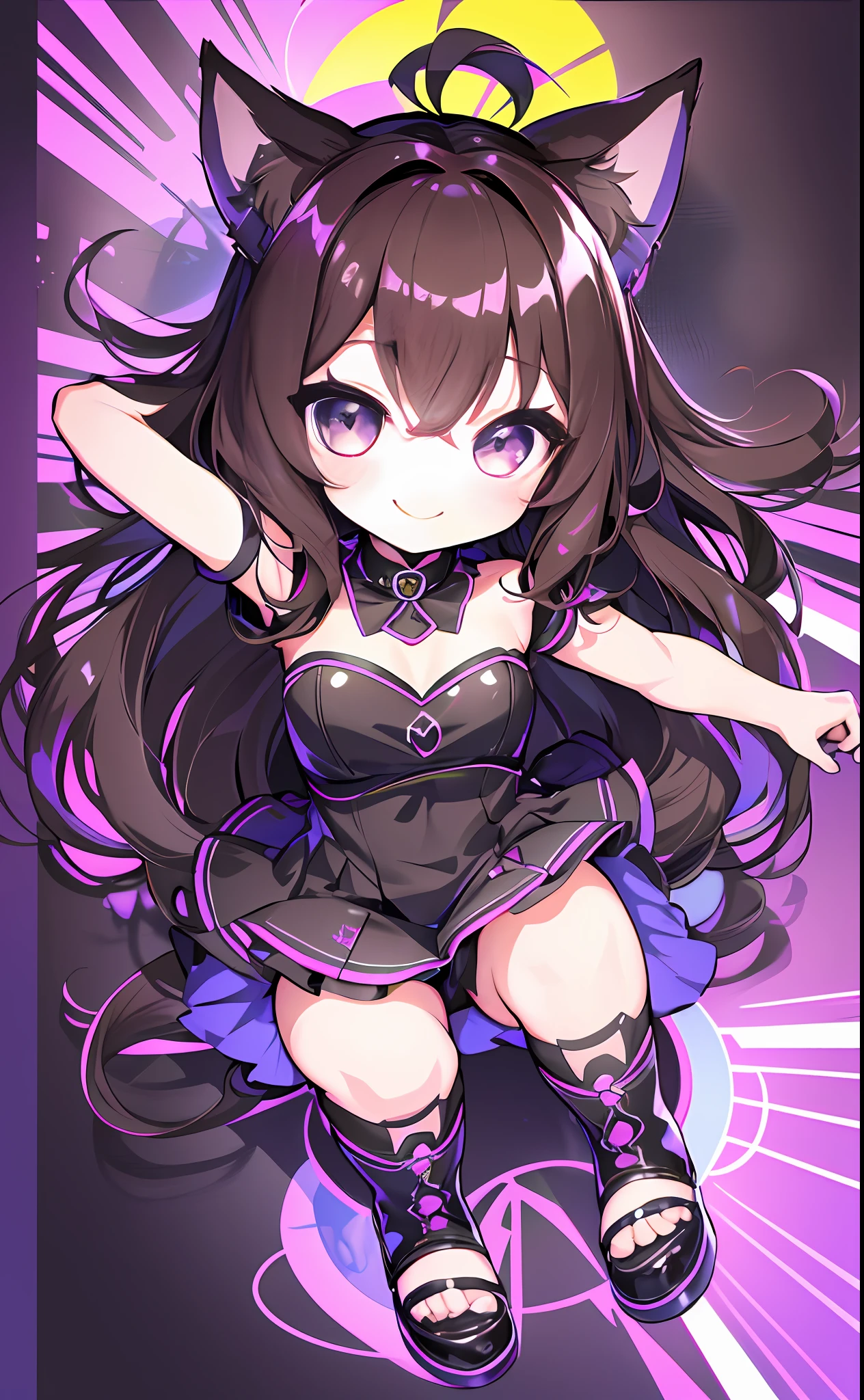 (Chibi Chibi: 1.3), Solo, Full Body, Glossy Purple Goth , Lying, Highly Detailed Face, (Absolute Area: 1.3), (Smile: 1.4), Lively, (Gravure Pose: 1.5), Beautiful Detailed Eyes, Look Up, (Eye Fit), Light Brown Long Hair, Cat Ears, Neon, Masterpiece, Top Quality, Highly Detailed 8k Wallpaper