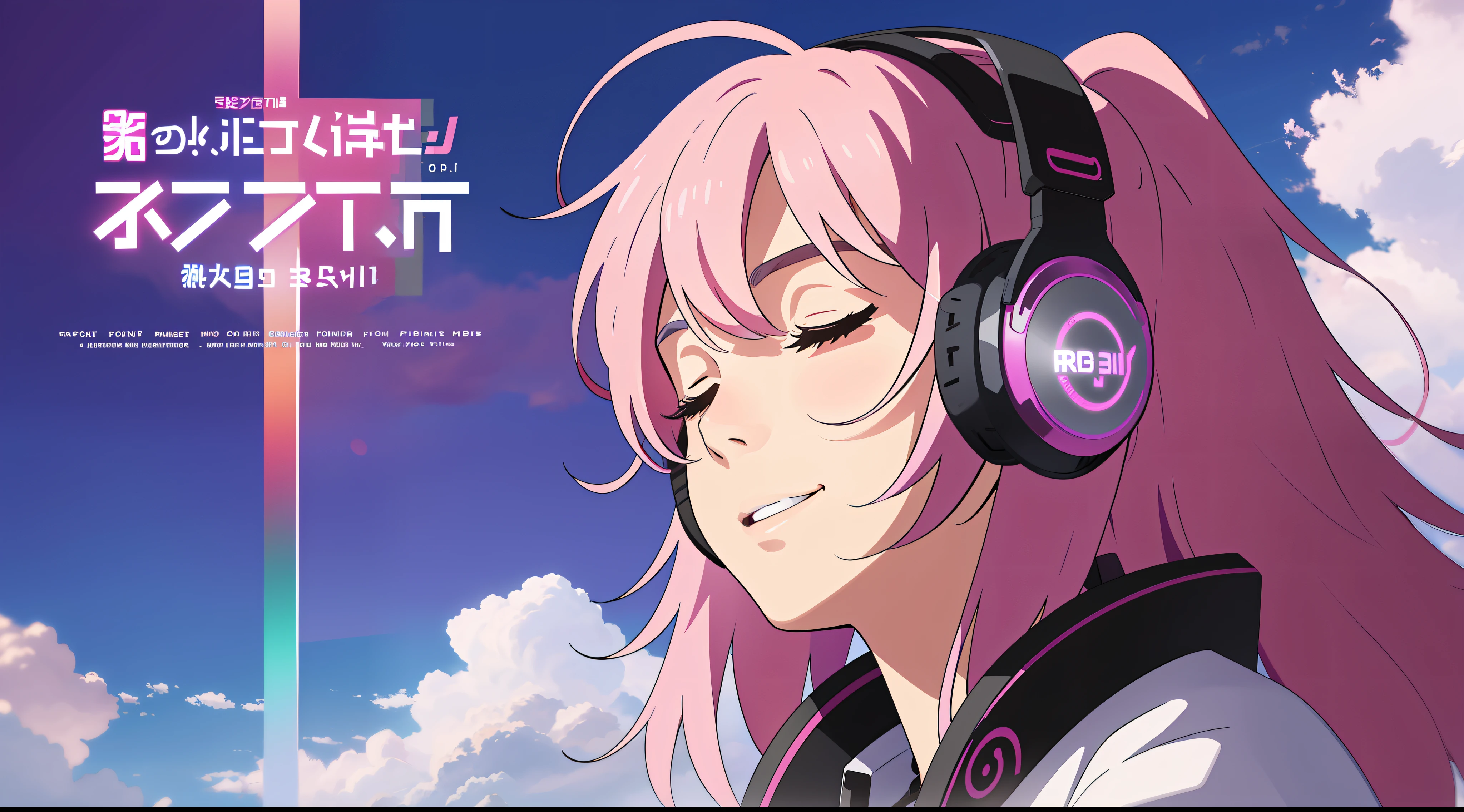 Woman with peace sense headset, closed eyes, beautiful face, RGB colors, anime pink hair, banner for youtube video, happy girl, clouds with RGB colors., bright RGB colors.