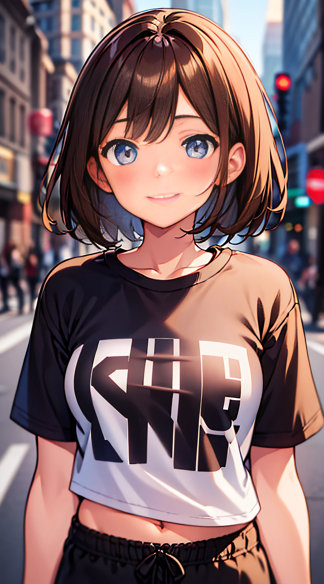 1girl, solo, brown hair, short hair, smile, medium breasts, tshirt, streetwear, masterpiece, best quality, upper body, city