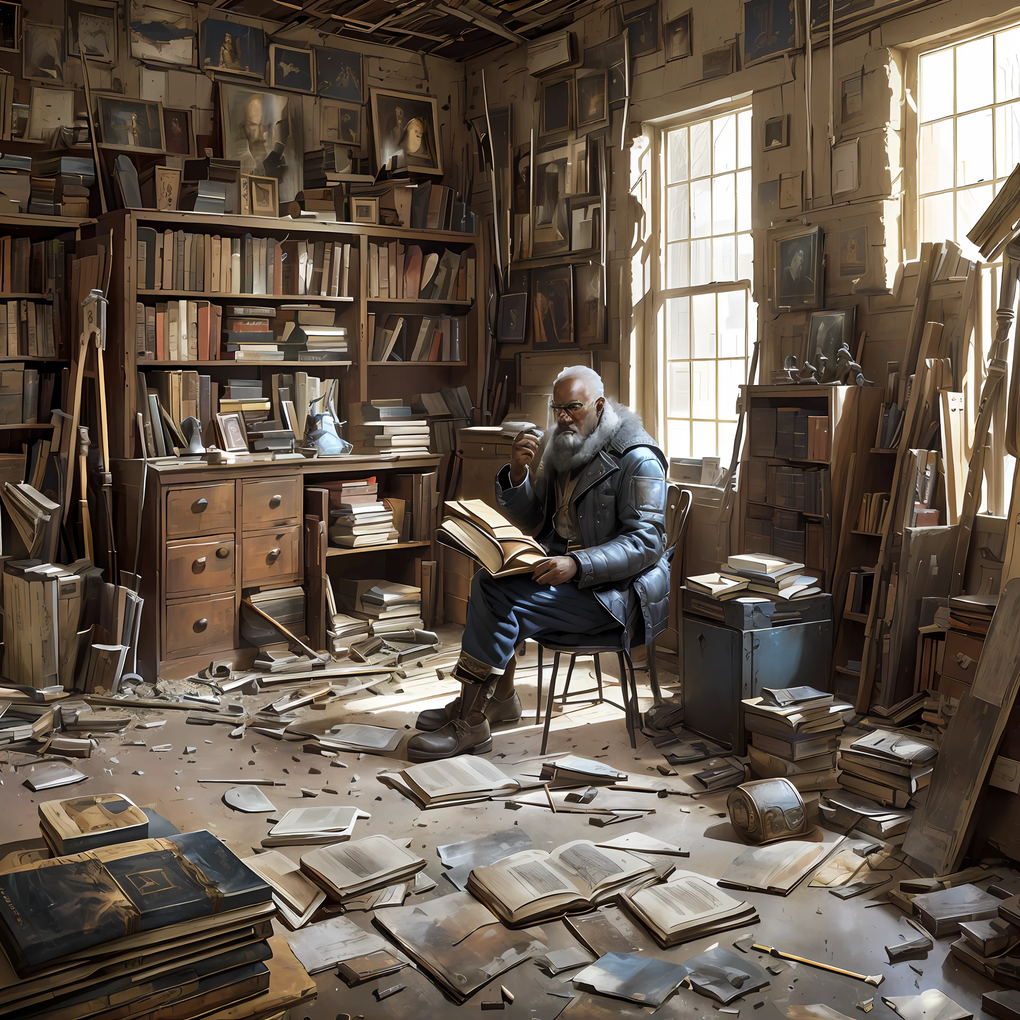 arafed man sitting in a room with books and a book, in a ravaged library, dusty library, ancient library, alexey egorov, by Harrington Mann, inspired by Michael Komarck, by Ludwik Konarzewski Jr, by Artur Tarnowski, jon mcnaughton, by Caesar van Everdingen