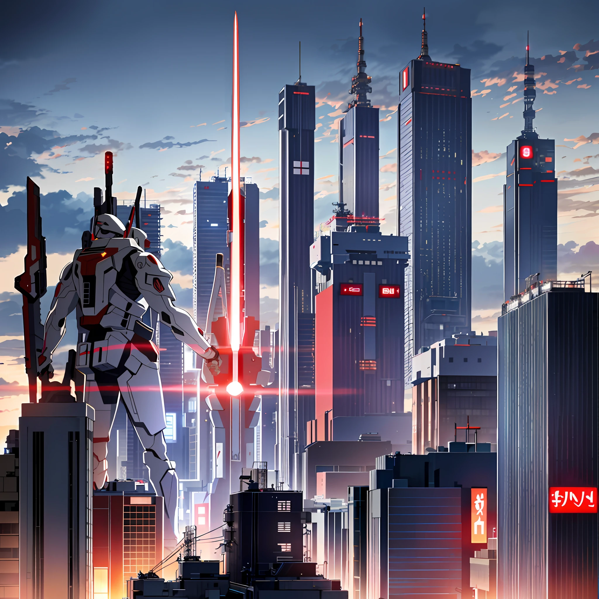 sky, clouds, holding_weapon, no_humans, 1machine, camera gaze, evangelion, red, (with a giant Japan: 1.3), dual-wielding, Japan city, lots of buildings, glowing_eyes, science fiction, (Japan buildings), urban, reality,