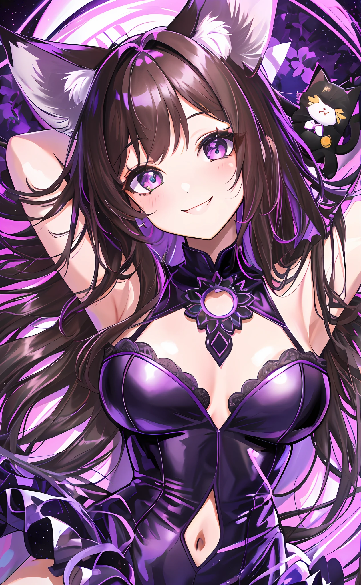 (Chibi Chibi: 1.3), Solo, Full Body, Glossy Purple Goth Loli, Lying, Highly Detailed Face, (Absolute Area: 1.3), (Smile: 1.4), Lively, (Gravure Pose: 1.5), Beautiful Detailed Eyes, Look Up, (Eye Fit), Light Brown Long Hair, Cat Ears, Neon, Masterpiece, Top Quality, Highly Detailed 8k Wallpaper