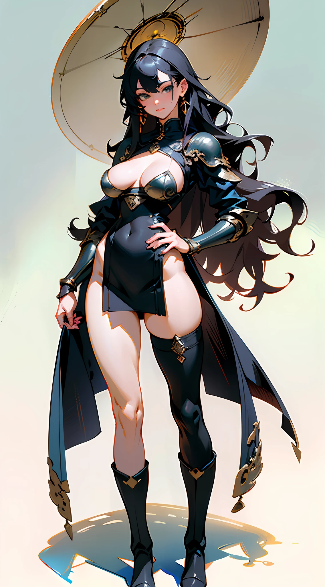 (surreal), (illustration), (high resolution), (8K), (very detailed), (best illustration), (beautiful detail eyes), (best quality), (super detailed), (masterpiece), (wallpaper), ( detailed face), otherworldly background, wearing bikini armor, Korean goddess, realistic fantasy rendering, realistic anime girl rendering, vista, (full body portrait: 1.4), (big breast: 1.4), (exaggerated body proportions), (nine-headed body), long black wavy hair, wearing delicate earrings, chest exposed from armor, slender legs, thick thighs, (wearing black over-the-knee stockings), (wearing leather boots), standing in front of the tavern, at cgstation, wlop Up-pop, 4K