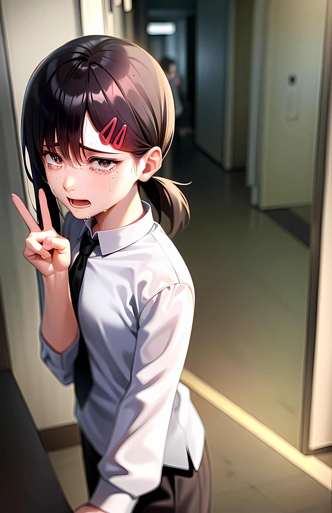 1girl, Kobeni, teen girl, white shirt, black necktie, (realistic:1.3), crying, tears, sad, ((peace sign, holding two fingers up)), peace, from above, hallway