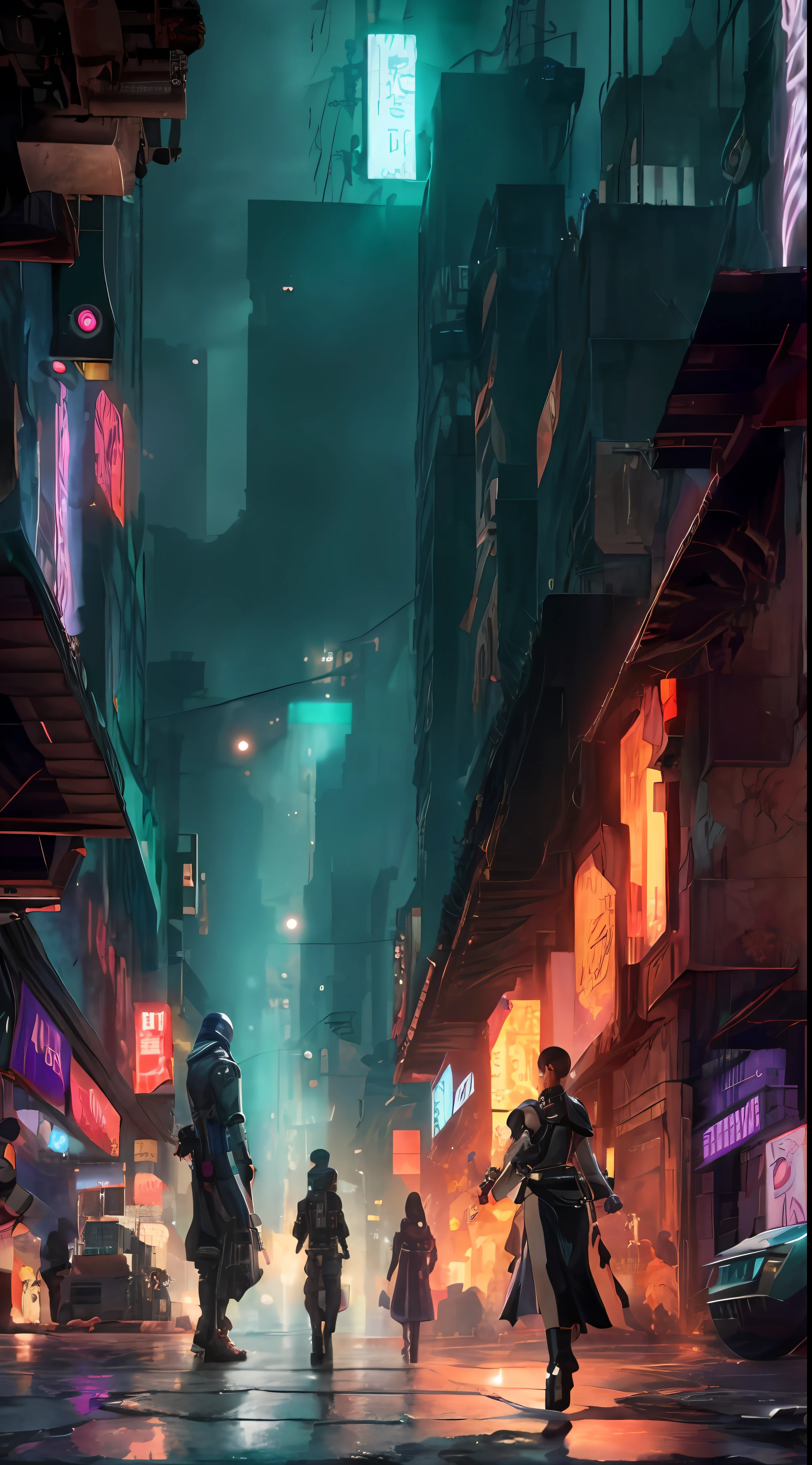 arafed image of a group of people walking down a street at night, cyberpunk city street, cyberpunk night street, cyberpunk blade runner art, stylized urban fantasy artwork, cyberpunk streets at night, cyberpunk street, cyberpunk street at night, in cyberpunk city, cyberpunk apocalyptic city, sci-fi cyberpunk city street, cyberpunk city street background, night cyberpunk city, busy cyberpunk metropolis