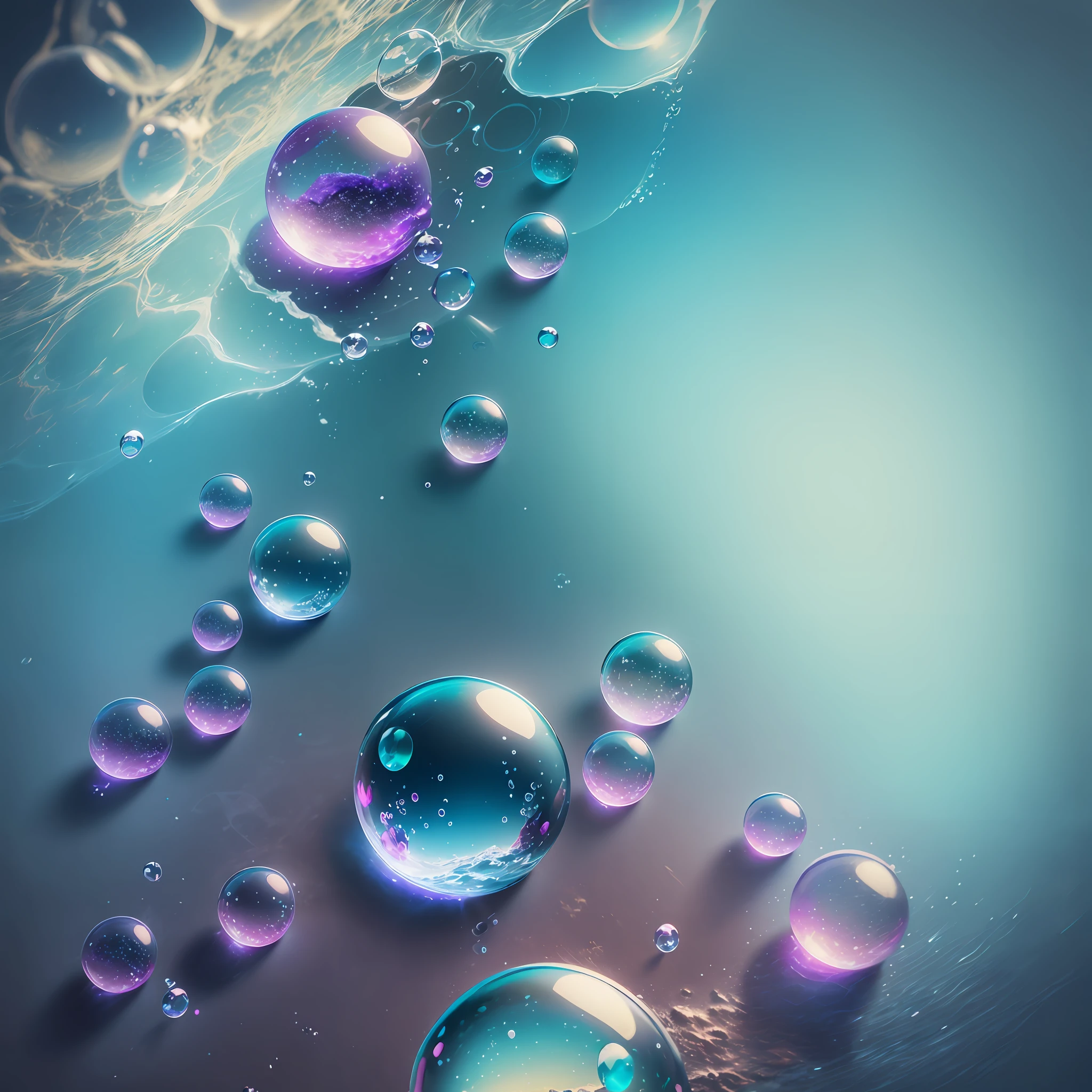 Computer volumetric graphics, realistic fantasy, Extensive landscape ultra photography (general view showing soap bubbles, water, circles on water, sky, drops), blurred background, cold, shade of turquoise background, a little purple, airy color, magic --auto --s2