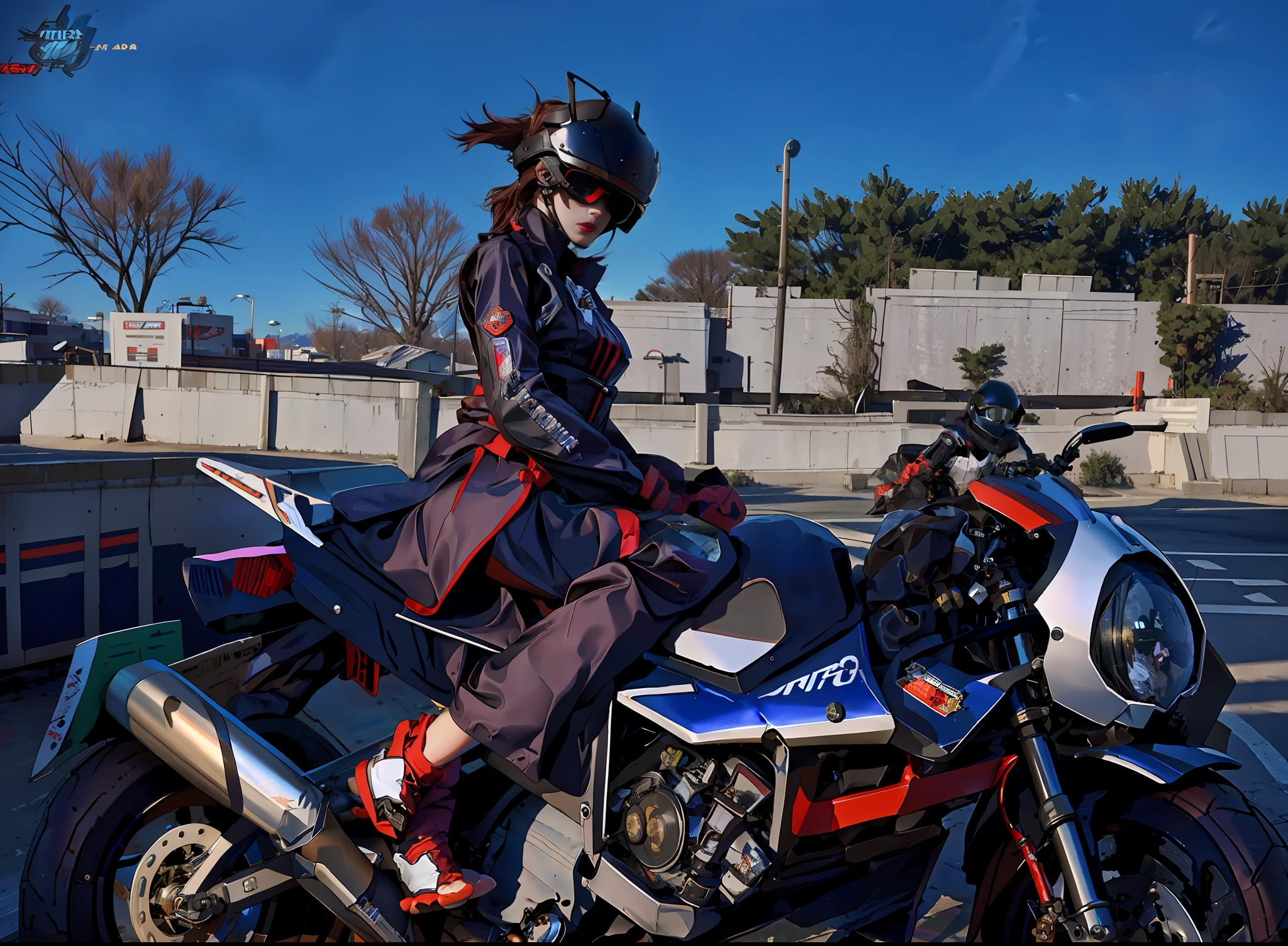 araffe on a motorcycle with a helmet and a helmet on, sitting on cyberpunk motorbike, sitting on a motorcycle, riding a motorcycle, riding, wearing her helmet, 🚿🗝📝, picture of a female biker, sporty, motorbiker, motorcycle, badass pose, akira moto, cool pose, wearing japanese techwear, profile pic, riding a motorbike