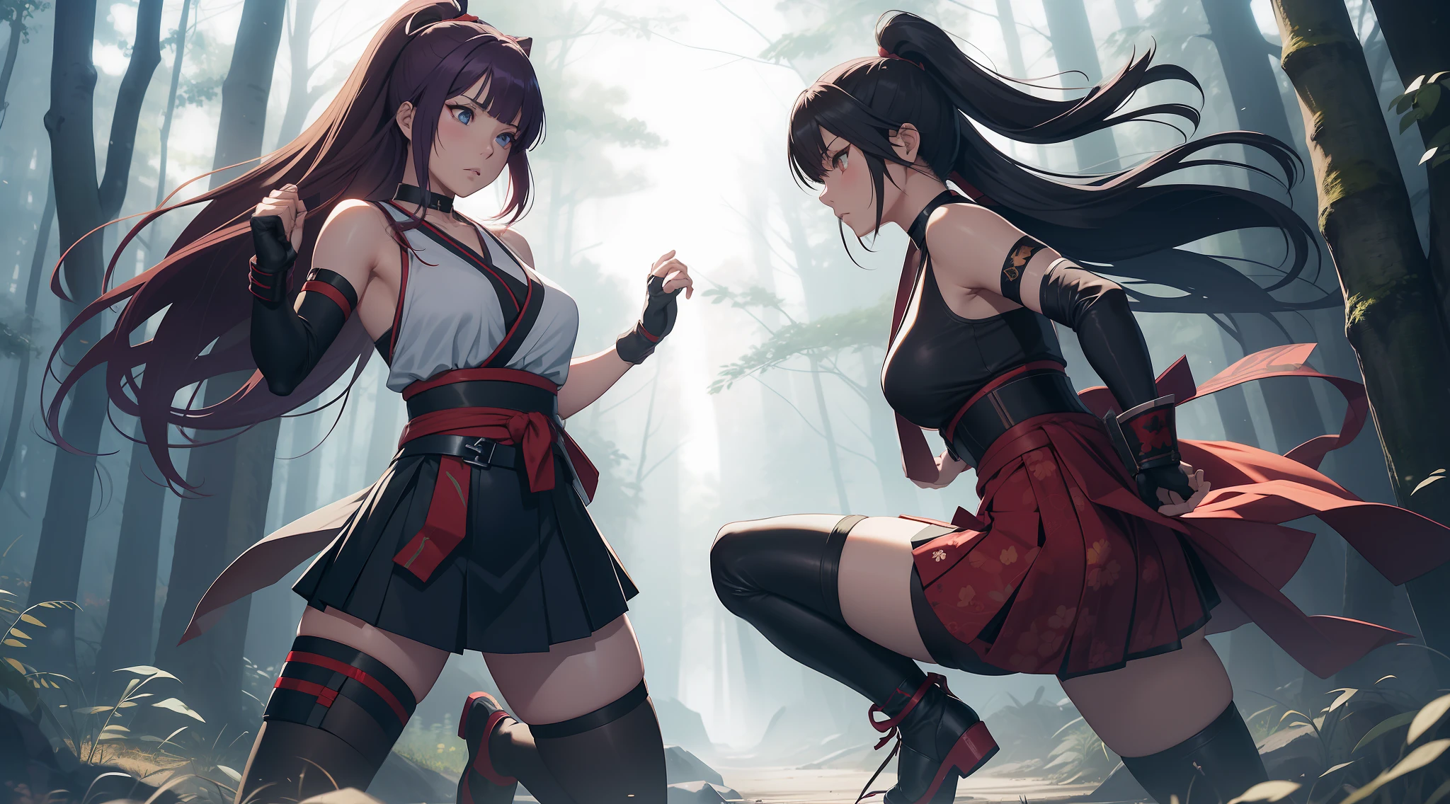 Full body shot of two female character from Dead or Alive game. Kasumi versus Ayame, fighting in a fierce duel death match with weapon short swords, with serious expression. Kasumi looking to Ayane, and Ayane looking to Kasumi. They have long loose hairstyle. They are wearing different color of traditional sleeveless kimono, with a floral print skirt, an obi tied on back hip, a pair of 100% black thigh highs, black shoes, a pair of thin long black elbow gloves, hand guards, and a choker. Background set in a dark forest.
