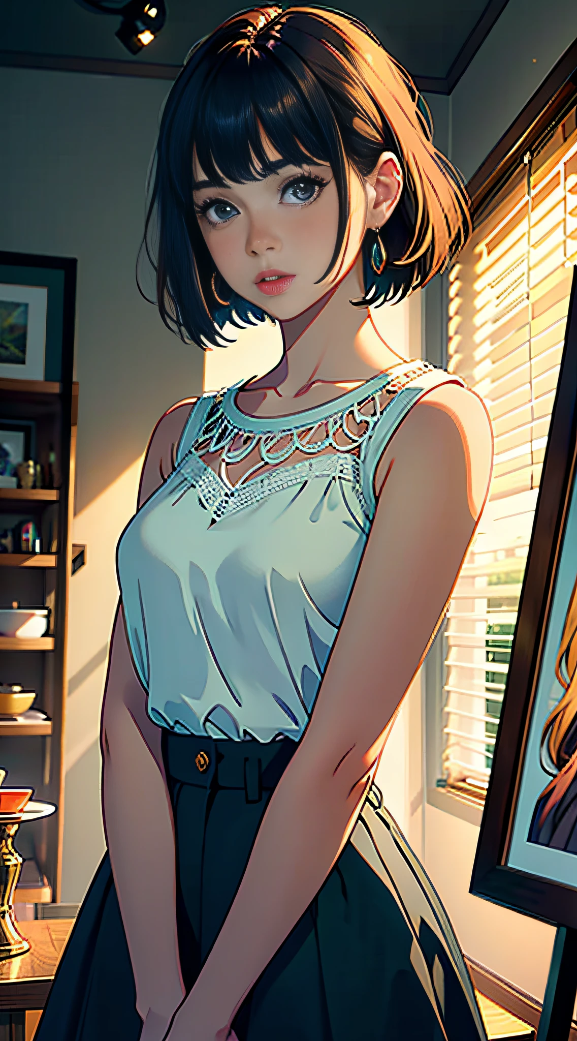 A girl with short brown hair and bangs captivates in a sleeveless blouse, set against a beautiful backdrop, illuminated by the stunning UHD studio lighting reminiscent of Paramount. Her hair frames her face with stylish flair, adding to her charm. The illustrative style draws inspiration from the contemporary and vibrant works of Audrey Kawasaki, known for her ethereal and emotive illustrations. The color palette combines warm earthy tones with pops of complementary colors, creating a visually captivating composition. The camera angle captures the girl in a natural and relaxed pose, showcasing her effortless beauty in the carefully crafted studio setting.