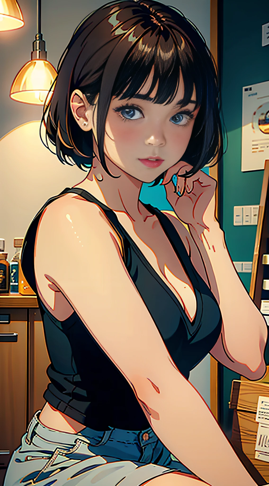 A girl with short brown hair and bangs captivates in a sleeveless blouse, set against a beautiful backdrop, illuminated by the stunning UHD studio lighting reminiscent of Paramount. Her hair frames her face with stylish flair, adding to her charm. The illustrative style draws inspiration from the contemporary and vibrant works of Audrey Kawasaki, known for her ethereal and emotive illustrations. The color palette combines warm earthy tones with pops of complementary colors, creating a visually captivating composition. The camera angle captures the girl in a natural and relaxed pose, showcasing her effortless beauty in the carefully crafted studio setting.