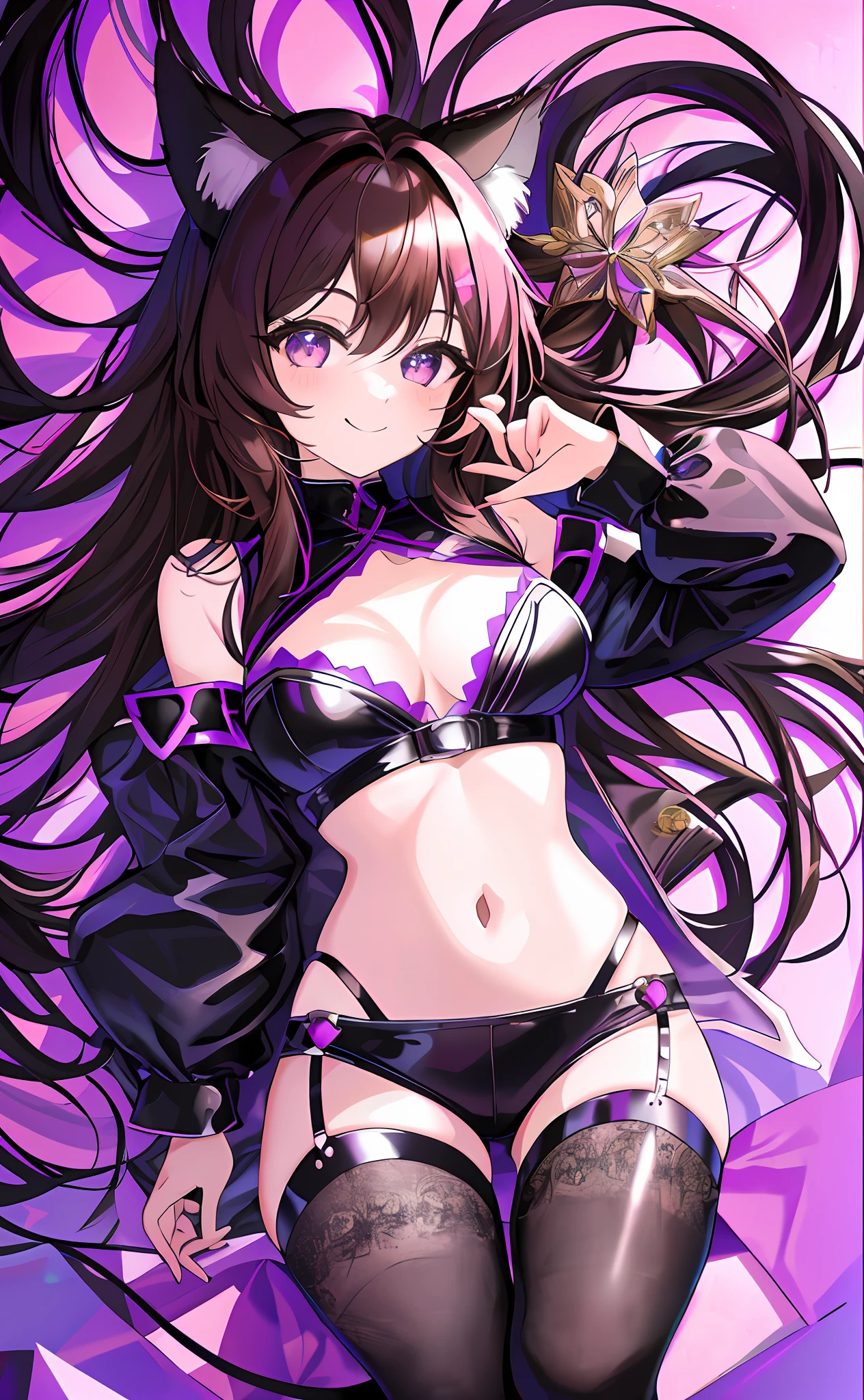 (Chibi Chibi: 1.3), Solo, Full Body, Glossy Purple Goth Loli, Lying, Highly Detailed Face, (Absolute Area: 1.3), (Smile: 1.4), Lively, (Gravure Pose: 1.5), Beautiful Detailed Eyes, Look Up, (Eye Fit), Light Brown Long Hair, Cat Ears, Neon, Masterpiece, Top Quality, Highly Detailed 8k Wallpaper