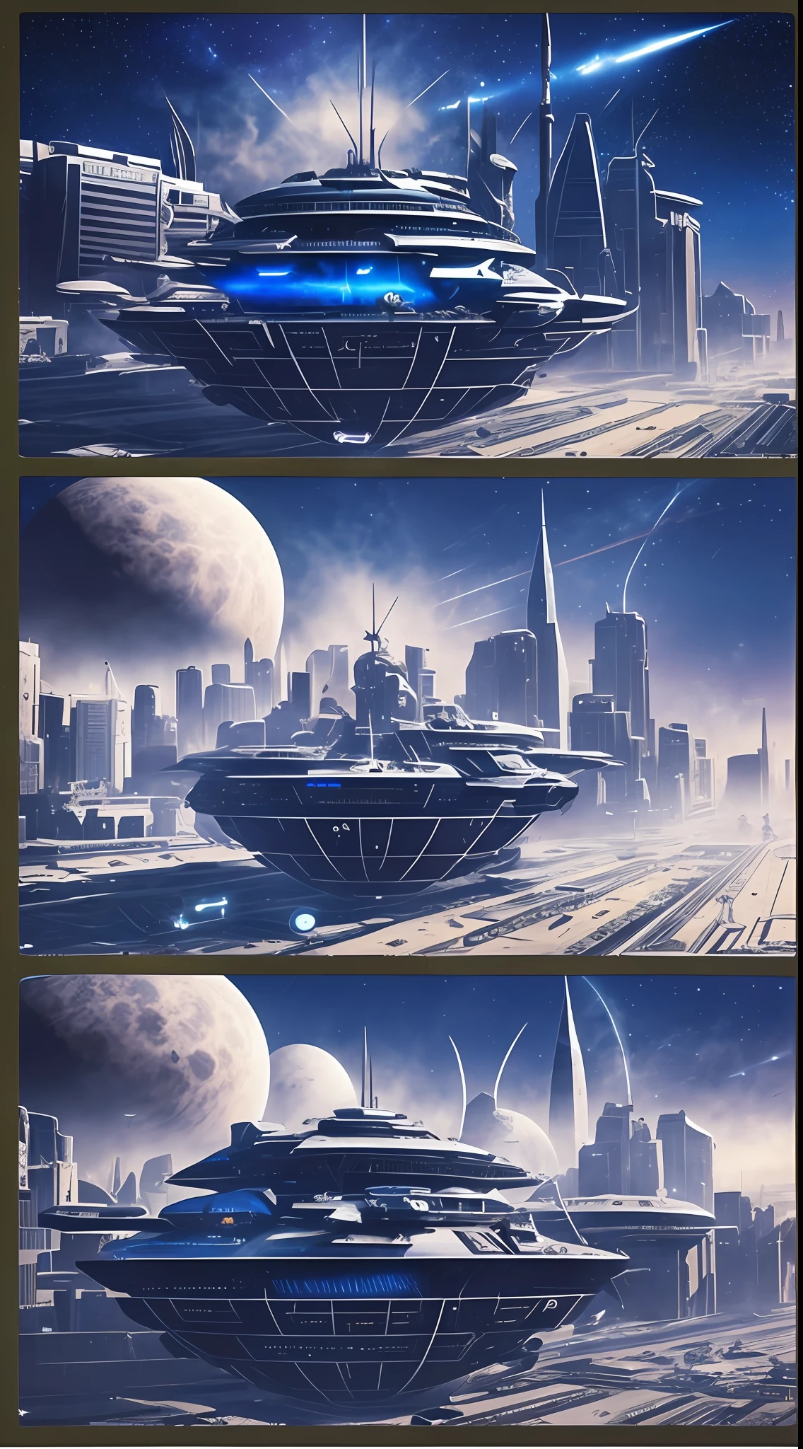 /imagine prompt: [Illustration storyboard] comic page, multiple images on one page: alien spaceship landing on Earth (far view), smoke and dust in the city (medium view), a group of people with weapons, fighting alien creatures (close-up) [multi-camera continuous shooting] cobalt blue and reflective silver, film P30, unequal slash composition, in David Arno Schwaiger style