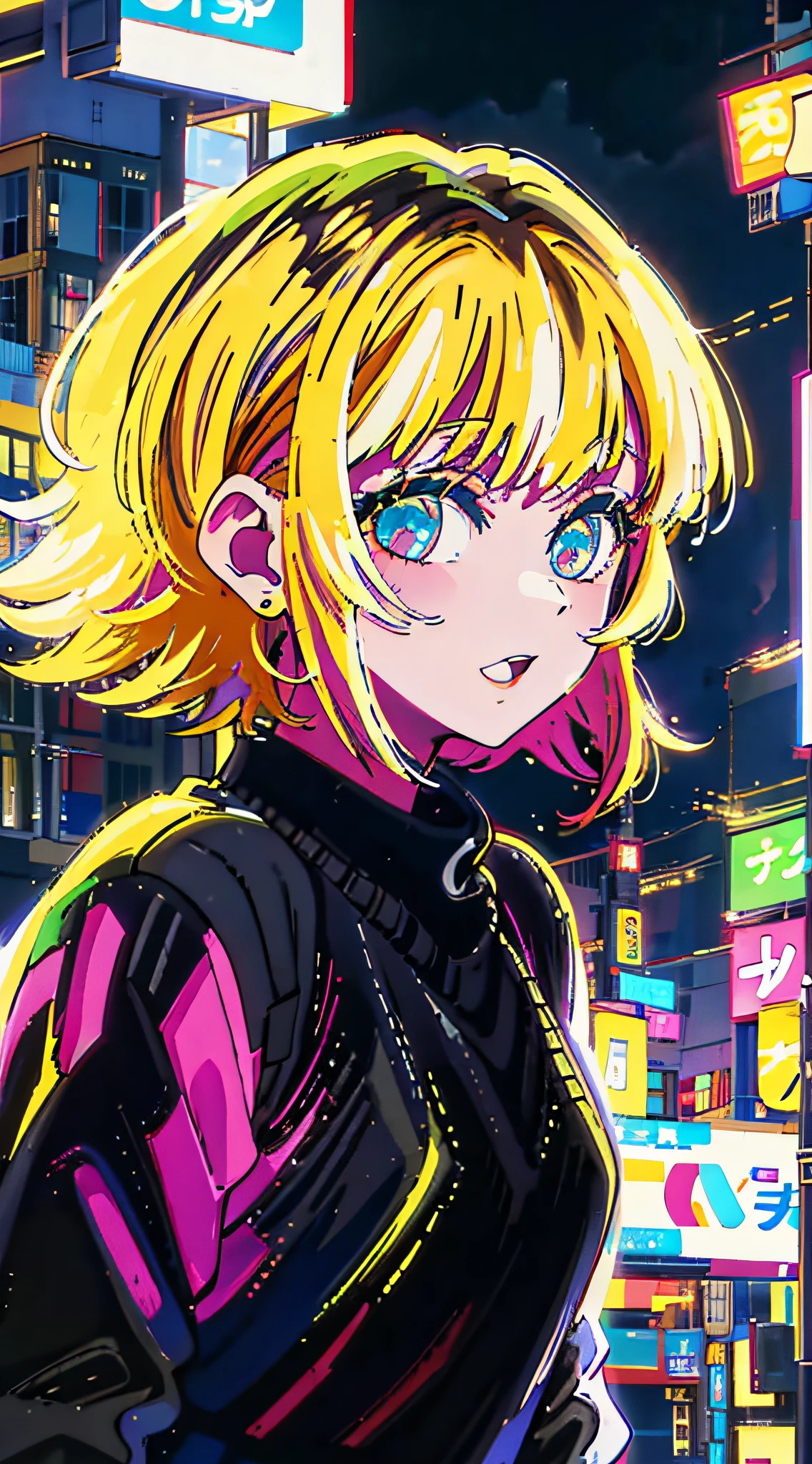 1girl, solo, black sweater uniform, bangs,happy,posing, multicolored hair, (masterpiece:1.2), highres, best quality, 8k, Night neon city Tokyo background, white hair