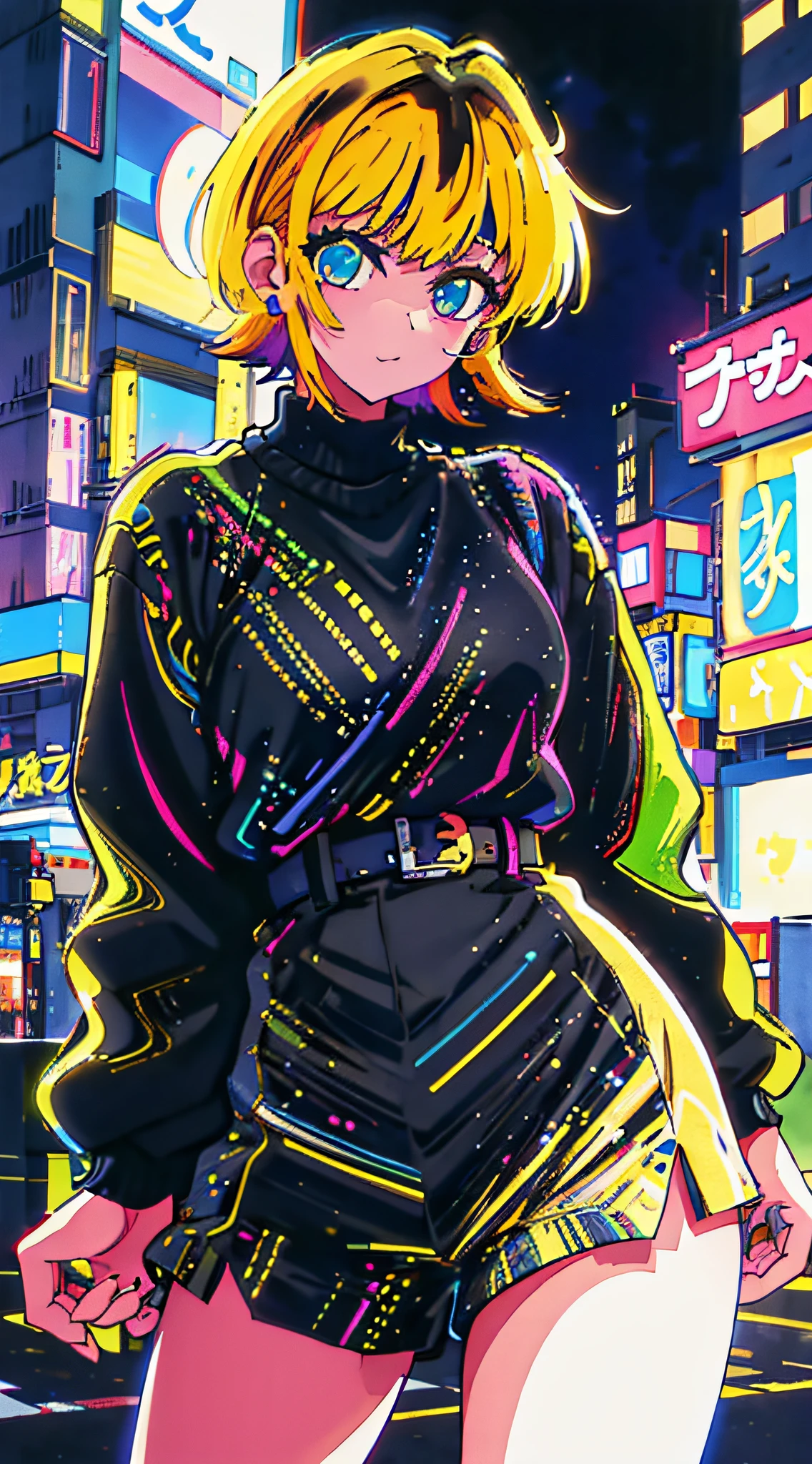 1girl, solo, black sweater uniform, bangs,happy,posing, multicolored hair, (masterpiece:1.2), highres, best quality, 8k, Night neon city Tokyo background, white hair