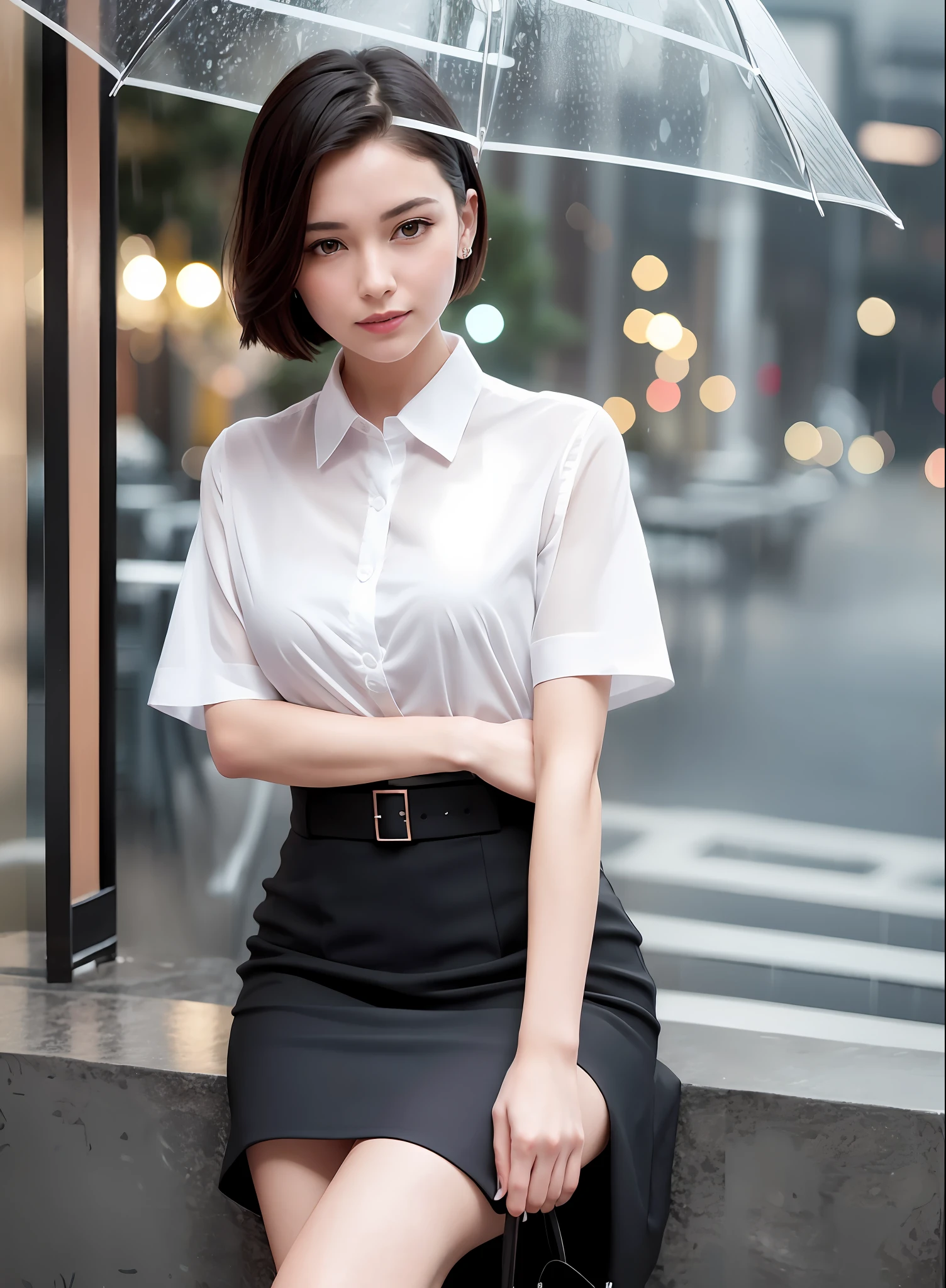 (8k, Best Quality, Masterpiece: 1.2), (Realistic, Photorealistic: 1.37), Super Detailed, 1 Girl, Cute, Alone, Beautiful Detailed Sky, Detailed Cafe, Night, Sitting, Date, ( Nose blush), (smile: 1.15), (close mouth) small breasts, beautiful details, (collared shirt: 1.1), night, wet, business wear, rain, white lace, (short hair: 1.2), floating Hair NovaFrogStyle,