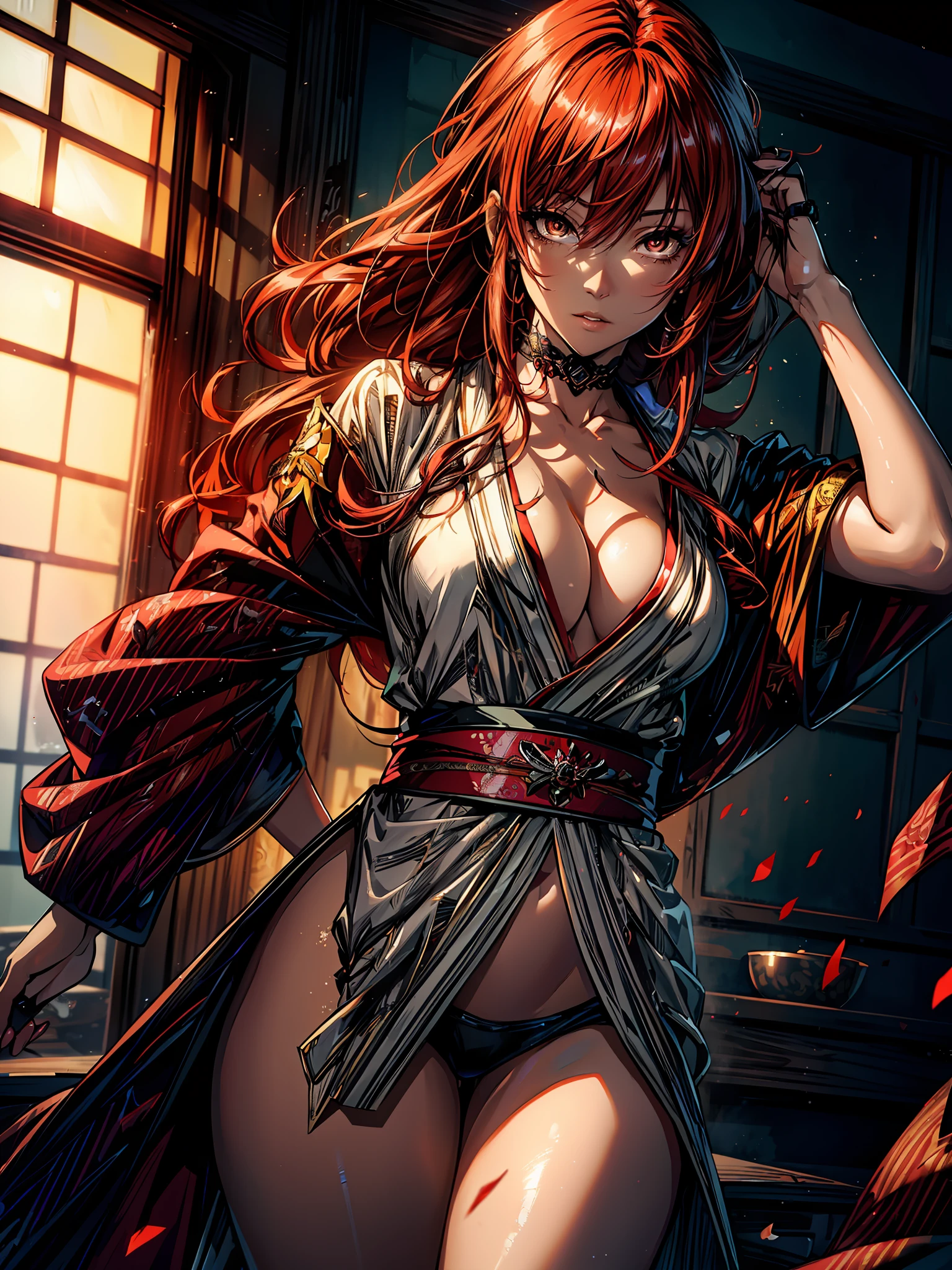 best quality, ultra-detailed, high resolution, extremely detailed cg, anime picture, shiny hair and skin,, dynamic stylish pose, (pov),makima \(chainsaw man\),Red Hair,long hair,golden eyes,kimono,looking at viewer,makeup,lipstick,temptation,white kimono,