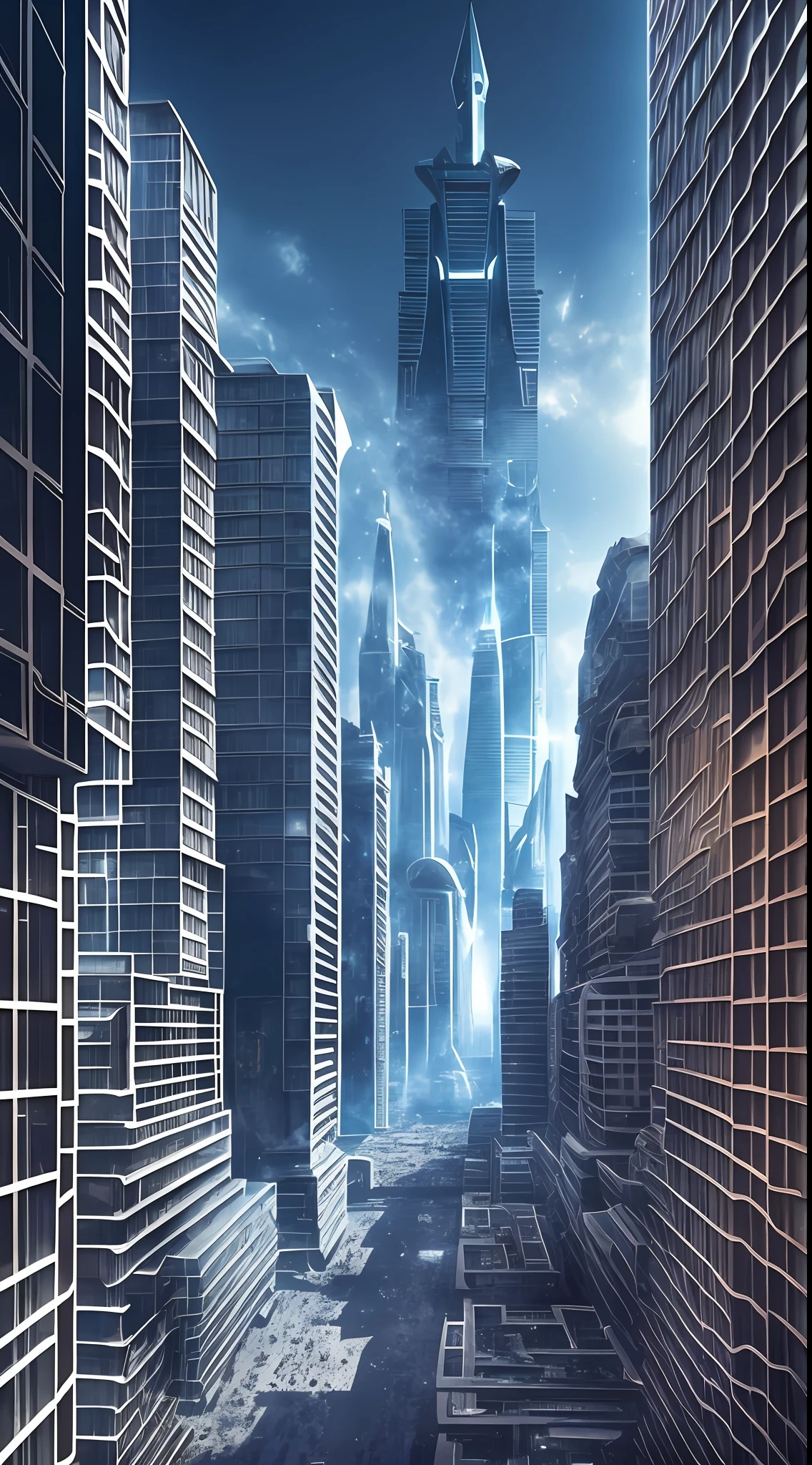 /imagine prompt: [Illustration storyboard] comic page, multiple images on one page: alien spaceship landing on Earth (far view), smoke and dust in the city (medium view), a group of people with weapons, fighting alien creatures (close-up) [multi-camera continuous shooting] cobalt blue and reflective silver, film P30, unequal slash composition, in David Arno Schwaiger style