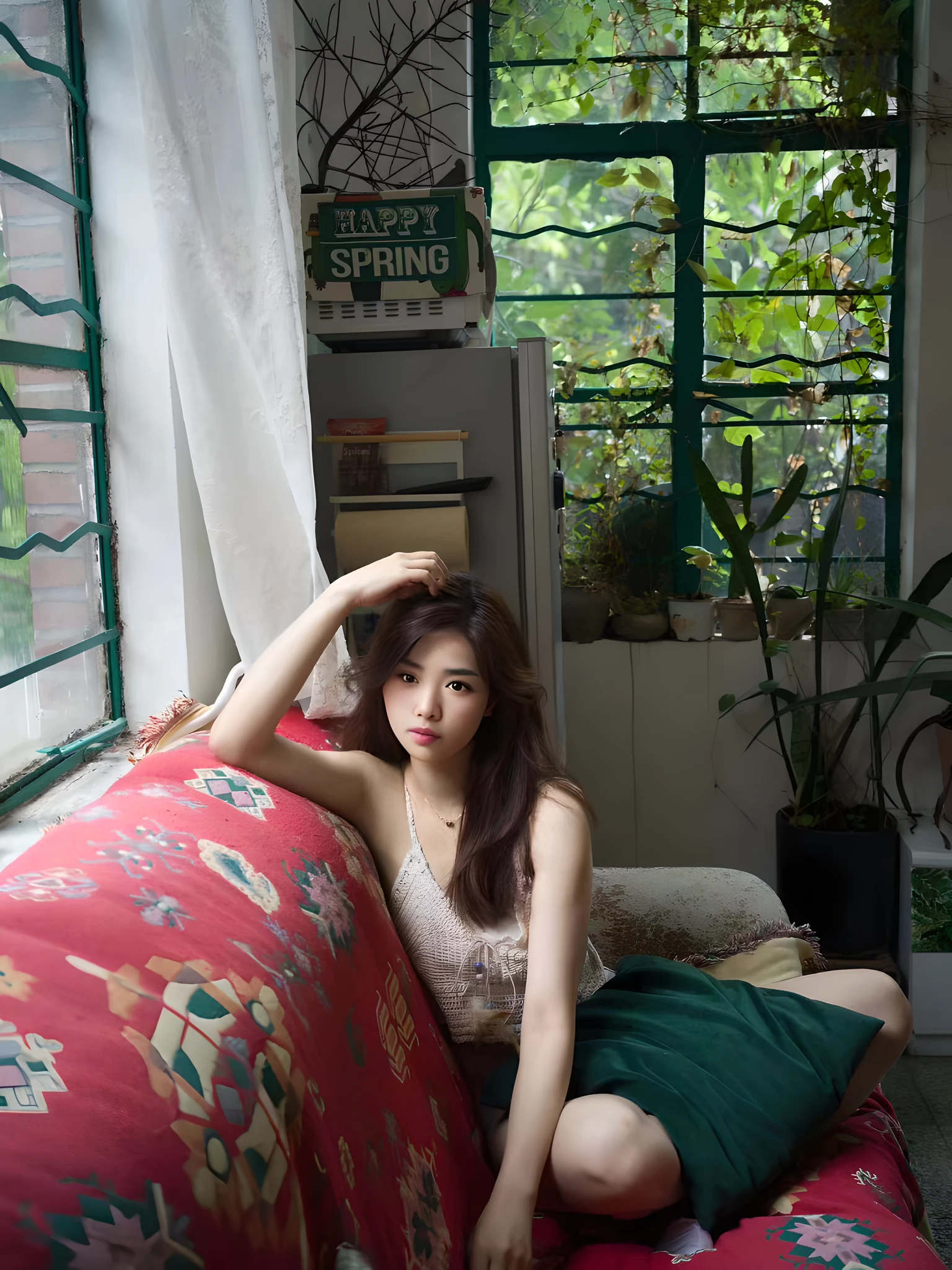 araffe sitting on a couch in a room with a window, home photography portrait, f / 1. 9 6. 8 1 mm iso 4 0, xintong chen, sha xi, gorgeous chinese model, near the window, young asian girl, chinese girl, near a window, with backdrop of natural light, ruan jia beautiful!