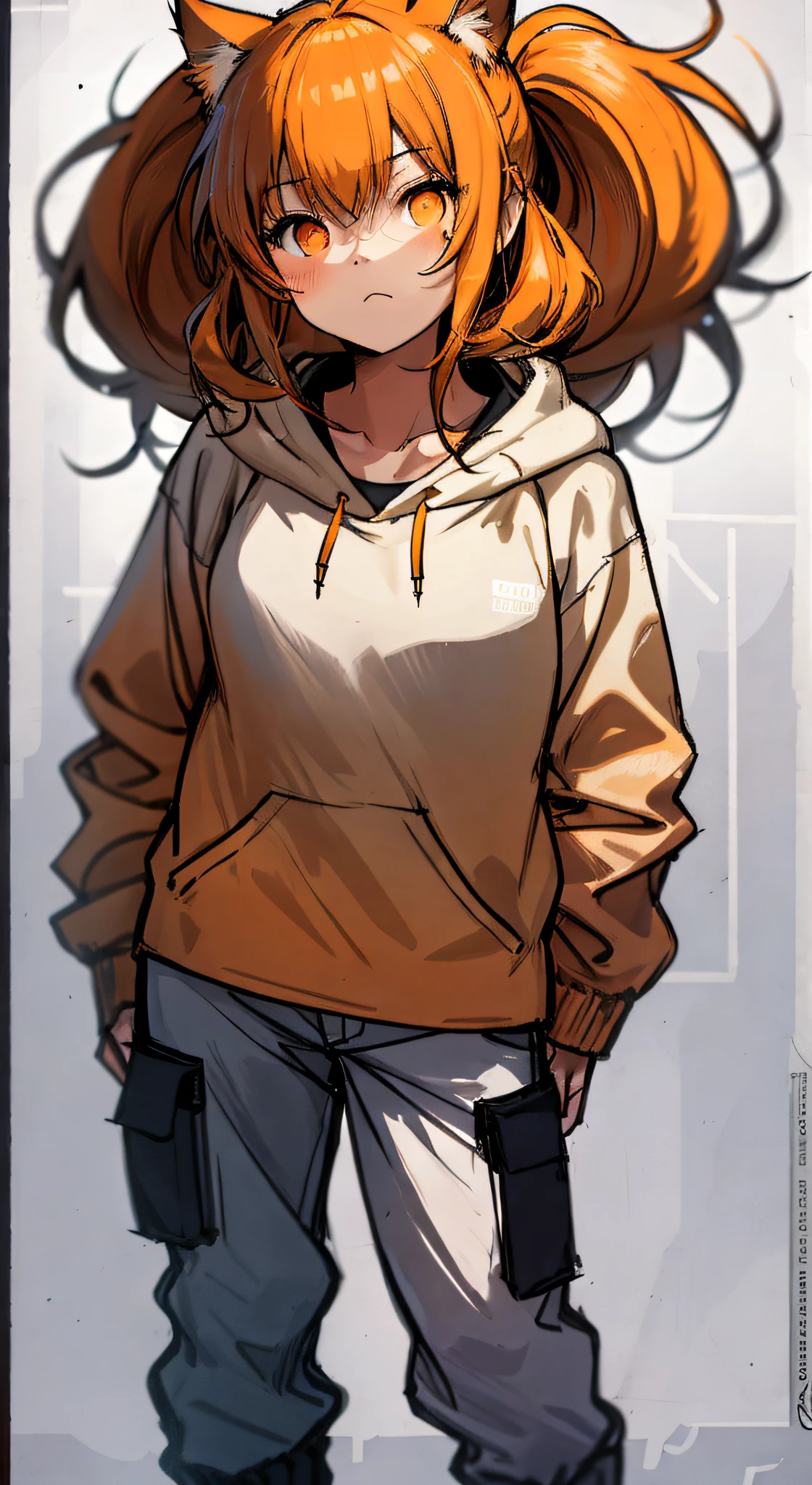 masterpiece, flat background, no background, full body, standing, cat-eared girl one, solo, cute, oversized orange hoodie, t-shirt, seven-quarter length pants, 50mm portrait, delicate features, semi-realistic, sharp focus, super detail, absurdity, depth of field, neon