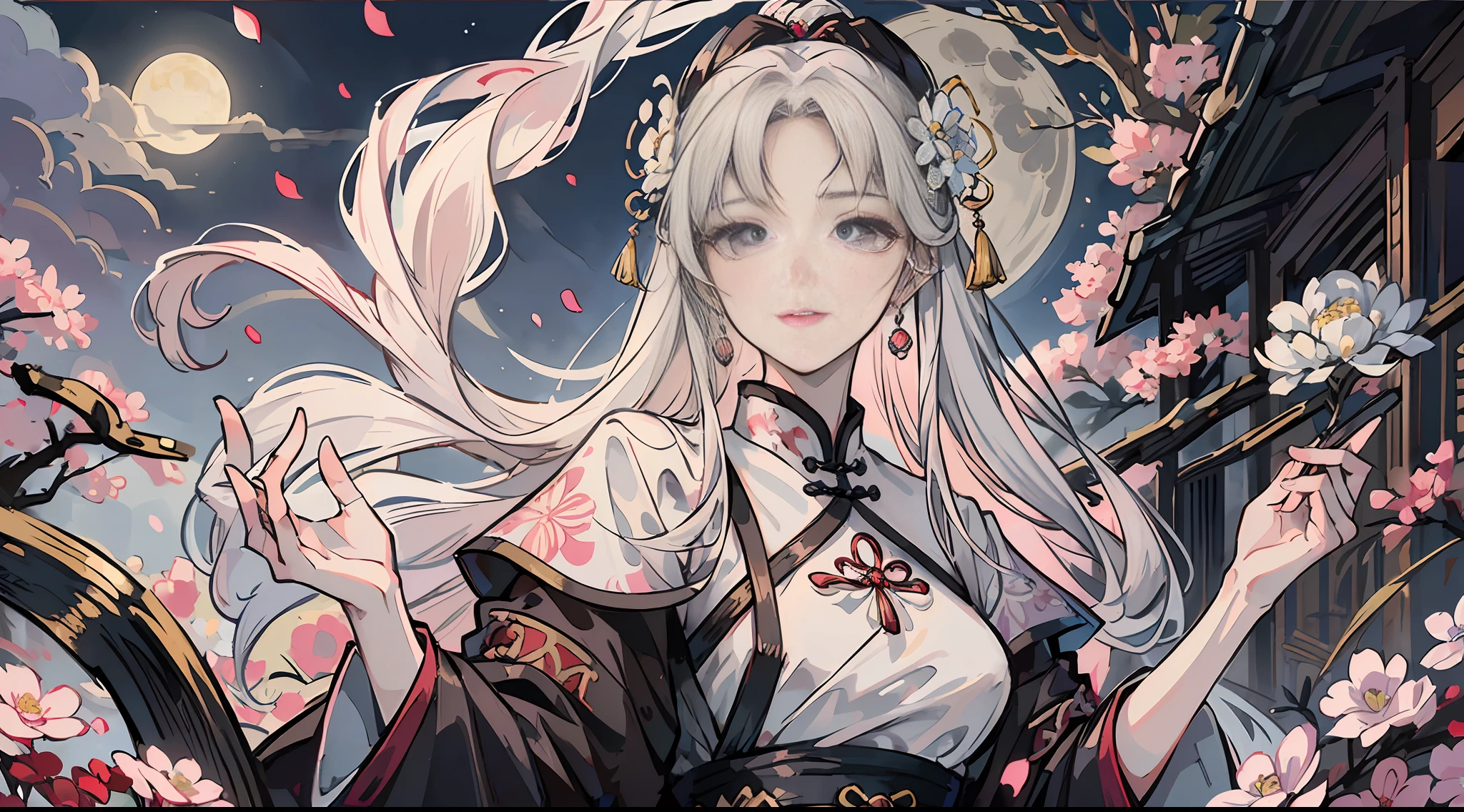 (Masterpiece|Excellent|Chinese Style)+, Ancient China, Mature Woman, Royal Sister, Expressionless, Silver-white long-haired woman, Light pink lips, Intellectual, (Three Bands | Flower Band), Grey Eyes, Assassin, Short Knife, (Full Moon|Night), Calm, (Background|Landscape), Slow Pace Walk --auto --s2