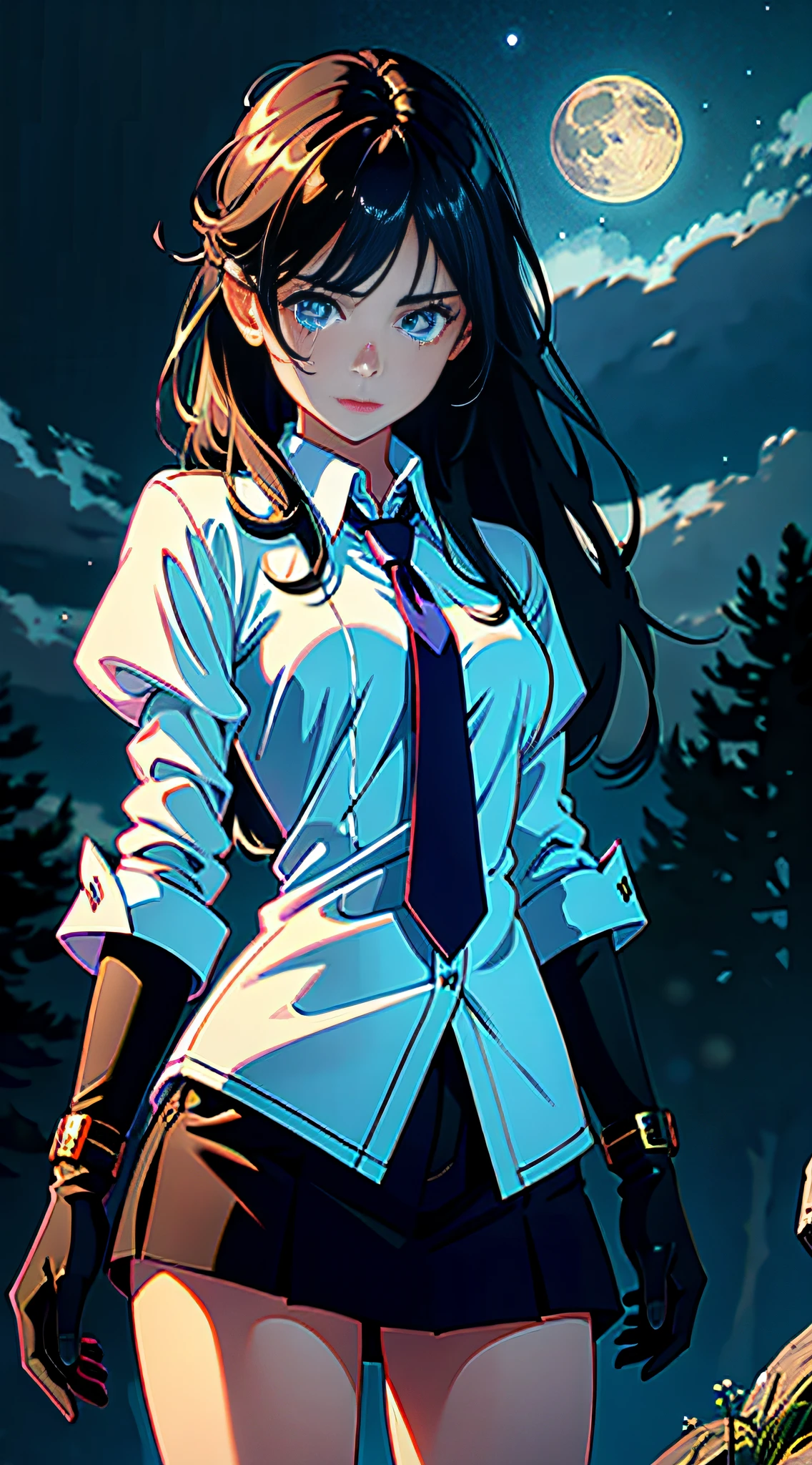 1 girl, casual clothes, princess, tie, gloves, outdoors, sky, full moon, rain, black hair, blue eyes, standing, night sky, sideways, reflection, long hair, cloudy sky, {{(artwork teacher) , (extremely detailed CG unity 8k wallpaper), best quality, solo, 1 girl, cinematic lighting, detailed background, beautiful detailed eyes, bright pupils (extremely delicate and beautiful), (beautiful and detailed description of the eye) , ultra detailed, masterpiece,}},