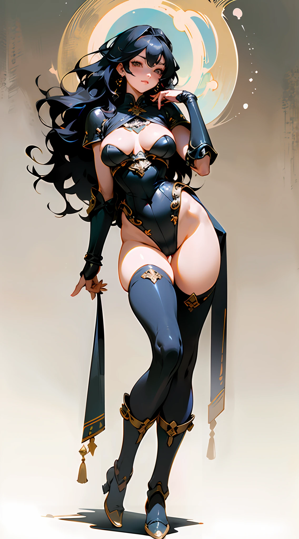 (surreal), (illustration), (high resolution), (8K), (very detailed), (best illustration), (beautiful detail eyes), (best quality), (super detailed), (masterpiece), (wallpaper), ( detailed face), otherworldly background, wearing bikini armor, Korean goddess, realistic fantasy rendering, realistic anime girl rendering, vista, (full body portrait: 1.4), (big breast: 1.4), (exaggerated body proportions), (nine-headed body), long black wavy hair, wearing delicate earrings, chest exposed from armor, slender legs, thick thighs, (wearing black over-the-knee transparent stockings), (wearing leather boots), camel toes, standing in front of the tavern, at cgstation, wlop on popular, 4K