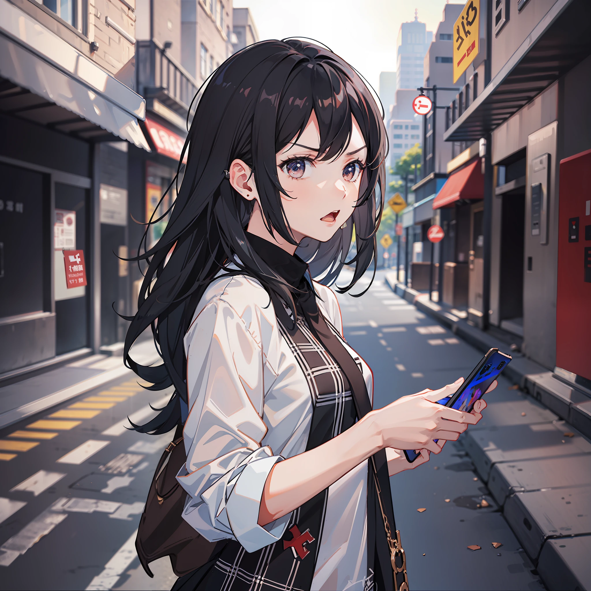 The black-haired girl looked at the phone and was angry