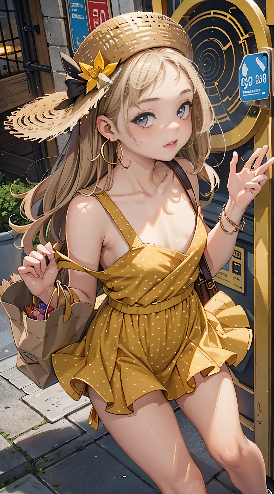 masterpiece, best quality,3girl,young girl, grapefruit eyes, ash blonde, long hair,unstable _face,shiny skin,flat chest,nice leg line:1.3,thick thighs, thin waist,, Red_polka_dot_wrap_dress, white_platform_espadrilles, woven_tote_bag, straw_hat, gold_hoop_earrings, cityscape,looking at viewer,from above:1.2,dynamic angle