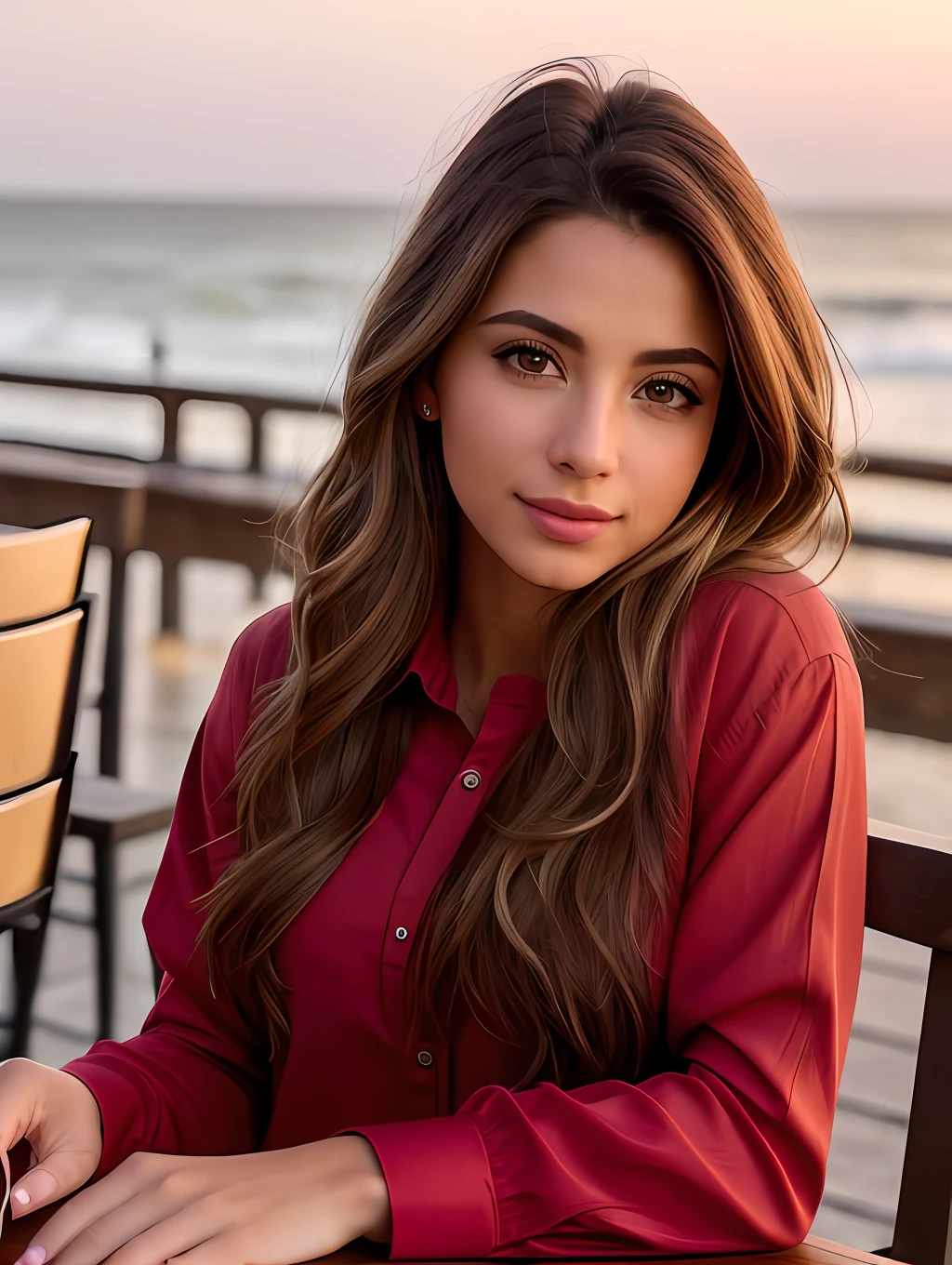 photo of (sh0hreh:0.99), a stunning beautiful young woman, hazel eyes, long messy windy light brown hair, closeup zoomed in tight crop portrait, sitting at a (table on a seaside boardwalk cafe bar drinks cocktails:1.2) wearing a (red designer long sleeve shirt:1.3) (drinks on table:1.3) (Lighting-Gold:1.2) foreground objects background details (masterpiece:1.2) (photorealistic:1.2) (bokeh:1.2) (best quality) (color grading) (detailed skin:1.3) (intricate) (8k) (HDR) (cinematic lighting:1.3) (sharp focus), messy windy hair