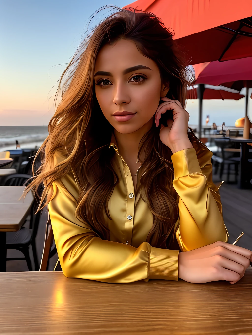 photo of (sh0hreh:0.99), a stunning beautiful young woman, hazel eyes, long messy windy light brown hair, closeup zoomed in tight crop portrait, sitting at a (table on a seaside boardwalk cafe bar drinks cocktails:1.2) wearing a (red designer long sleeve shirt:1.3) (drinks on table:1.3) (Lighting-Gold:1.2) foreground objects background details (masterpiece:1.2) (photorealistic:1.2) (bokeh:1.2) (best quality) (color grading) (detailed skin:1.3) (intricate) (8k) (HDR) (cinematic lighting:1.3) (sharp focus), messy windy hair