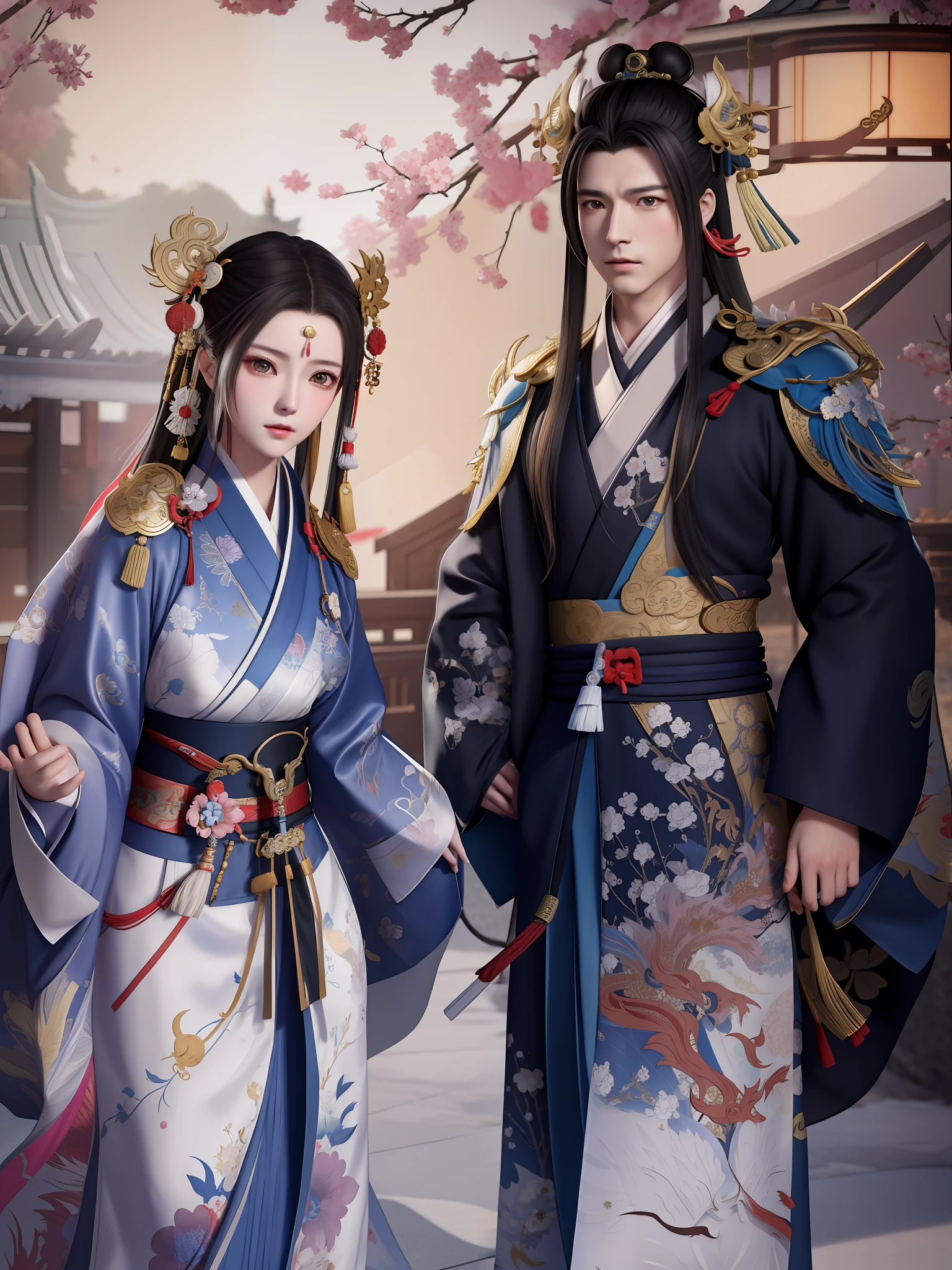 anime characters dressed in traditional clothing standing next to each other, full body wuxia, yiqiang and shurakrgt, wuxia, sakimichan and frank franzzeta, game cg, ruan jia and brom, wearing kimono armor, 2. 5 d cgi anime fantasy artwork, by Fan Qi, dynasty warriors, wearing kimono armour