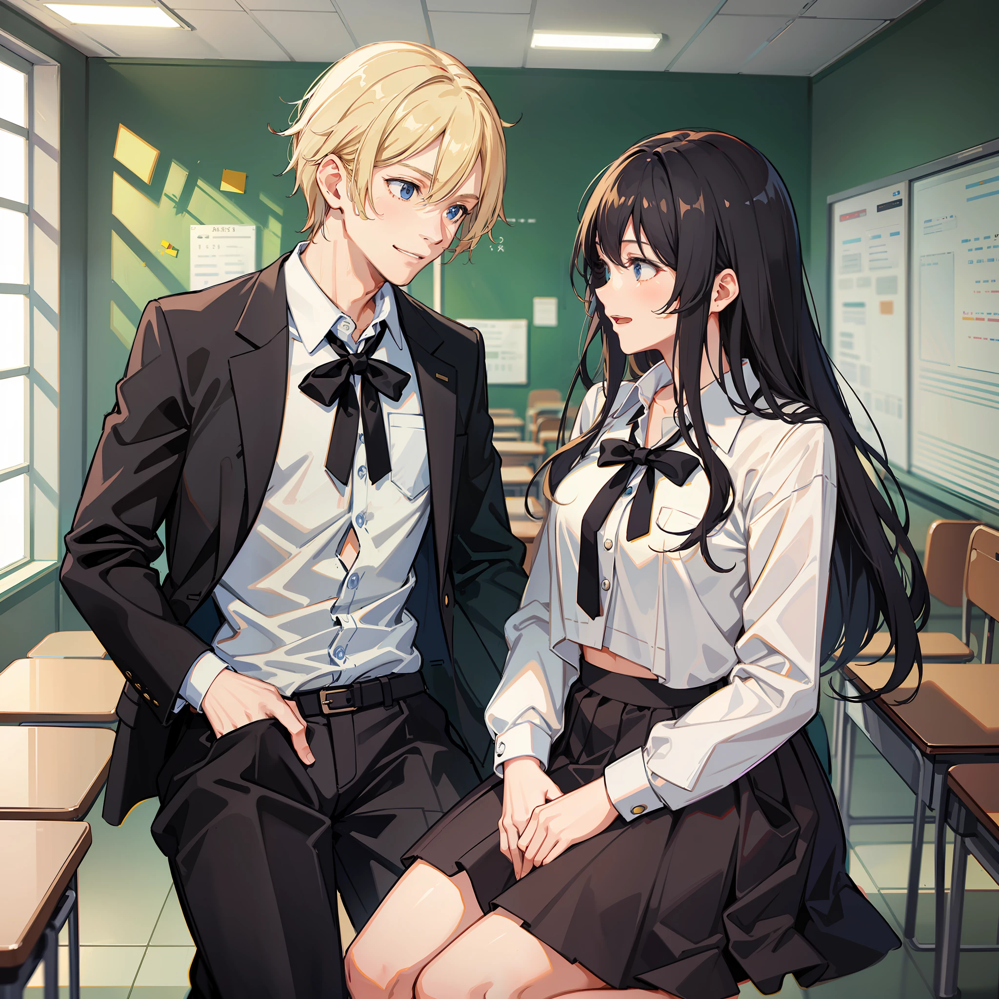 The blonde-haired boy and the black-haired girl were talking and laughing in the classroom