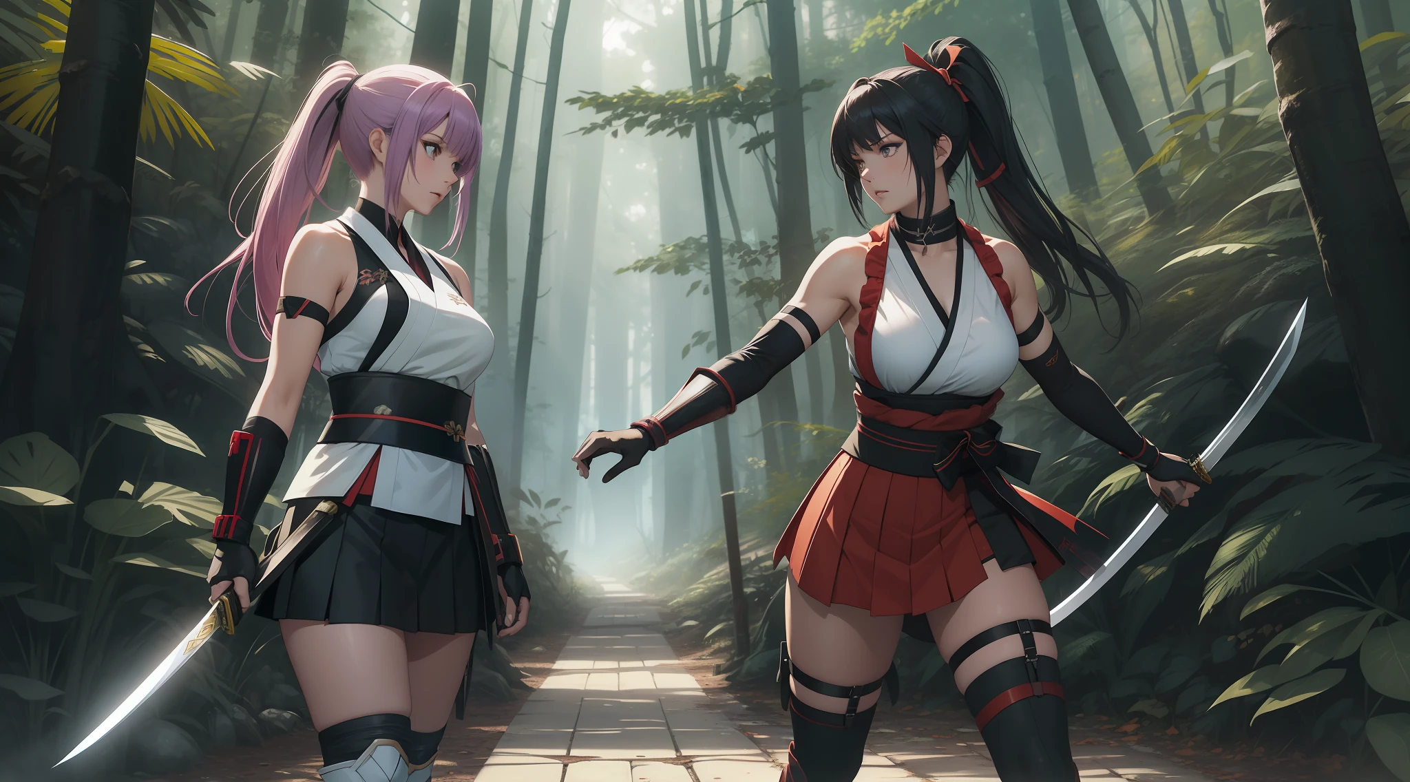 Full body shot of two female character from Dead or Alive game. Kasumi versus Ayame, fighting in a fierce duel death match with weapon short swords, with serious expression. Kasumi looking to Ayane, and Ayane looking to Kasumi. They have long loose hairstyle. They are wearing different color of traditional sleeveless kimono, with a floral print skirt, an obi tied on back hip, a pair of 100% black thigh highs, black shoes, a pair of thin long black elbow gloves, hand guards, and a choker. Background set in a dark forest.