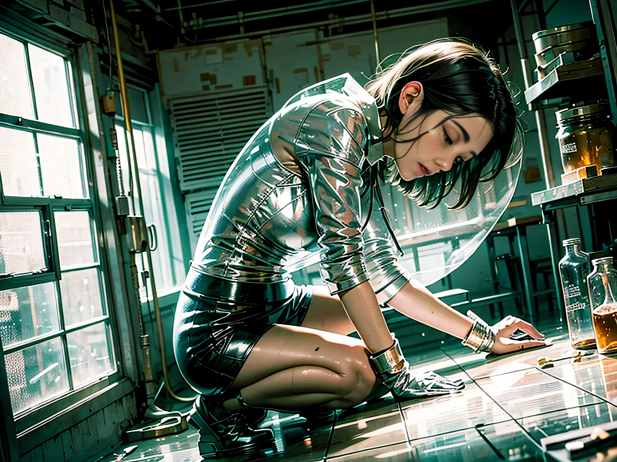 Best quality, masterpiece, a woman with transparent body crouching on the ground crying, interior, chemistry, forensics, intern, dissection table, ghost in corner