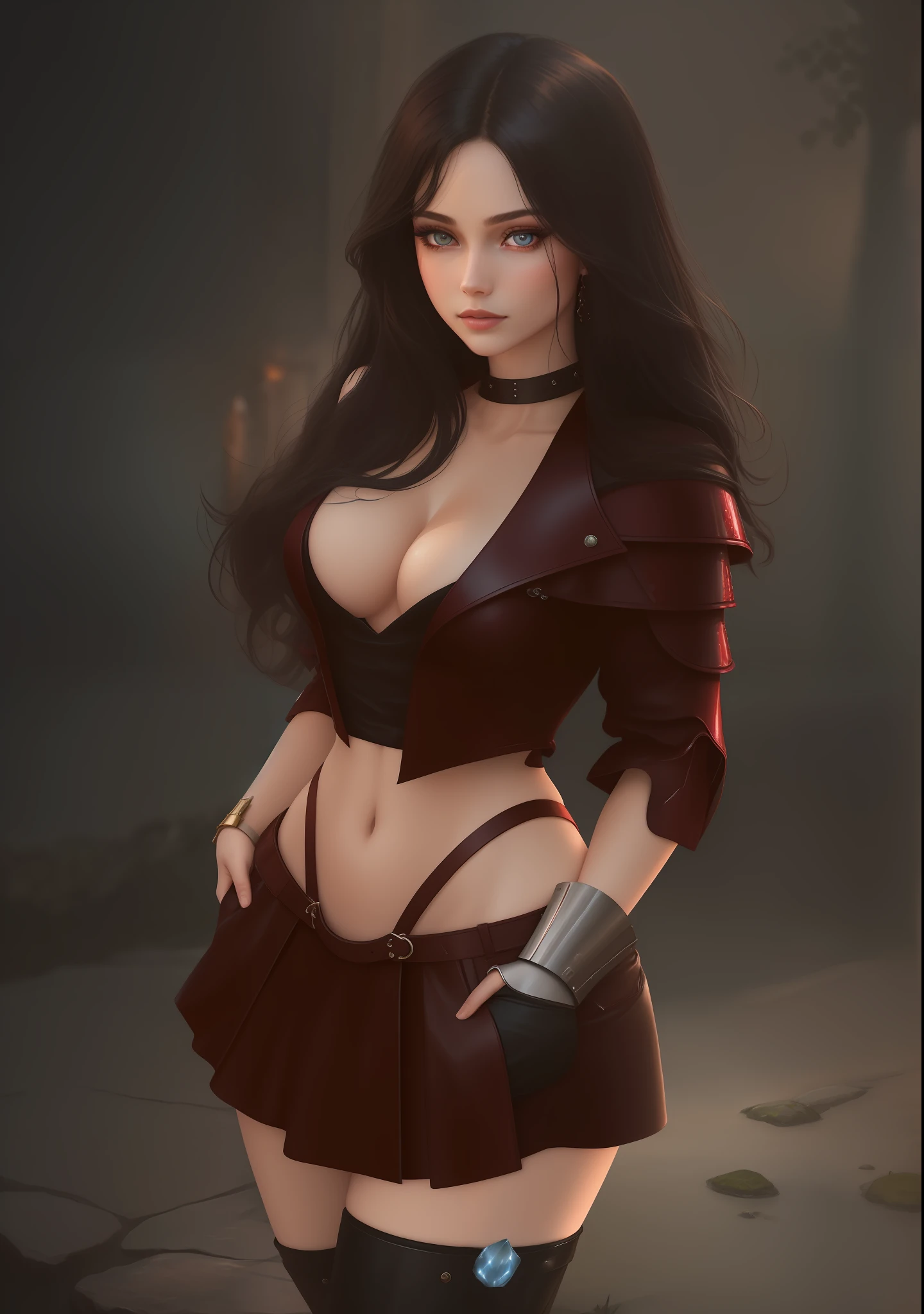 8k, complex, elegant, highly detailed, majestic, digital photography, denim lens, surrealist painting, broken ruby, beating magic, winding fire magic, (masterpiece, side light, fine beautiful eyes: 1.2), HDR, Void 5 energy storm, (leather pants), pale skin, glowing skin, ( Sitting on a stone: 1.5), delicate face, black hair, wearing palatial red armor, bare shoulders, navel, short skirt, fine red armor, raining, beautiful, looking at the audience, turning away from the camera, masterpiece, full body. --auto --s2