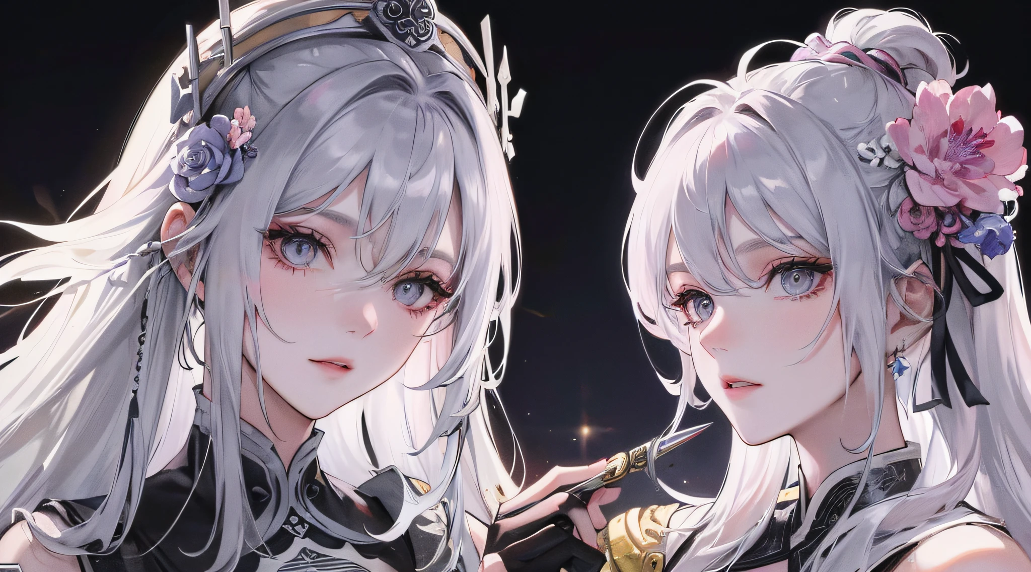 (Masterpiece, Superb Beauty, Night, Full Moon, Ancient China, 1 Woman, Silver-White Long-Haired Woman, Three Bands, Gray Eyes, Light Pink Lips) (Cold Face, Expressionless Face, Mature Woman, Intellectual, Royal Sister, Sister) *1.2, (Assassin, Short Knife) *0.9, (Flower Ball, Background) *0.8, Film, Close-up, Calm and Cold Evil Atmosphere.