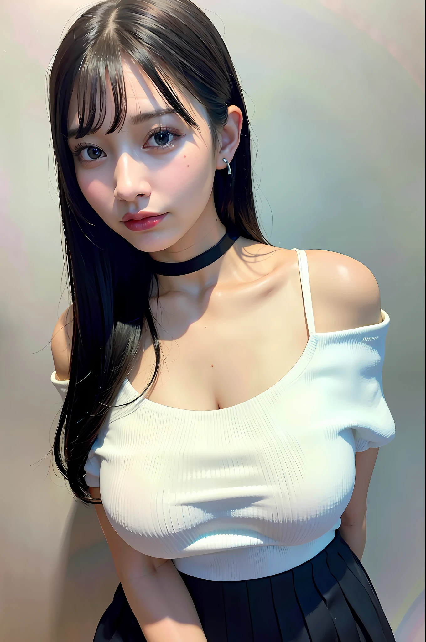 best quality, ultra high res, (photorealistic:1.4), 1girl, off-shoulder white shirt, black tight skirt, black choker, (faded ash gray hair:1), (huge breasts:1.2), looking at viewer, closeup ,