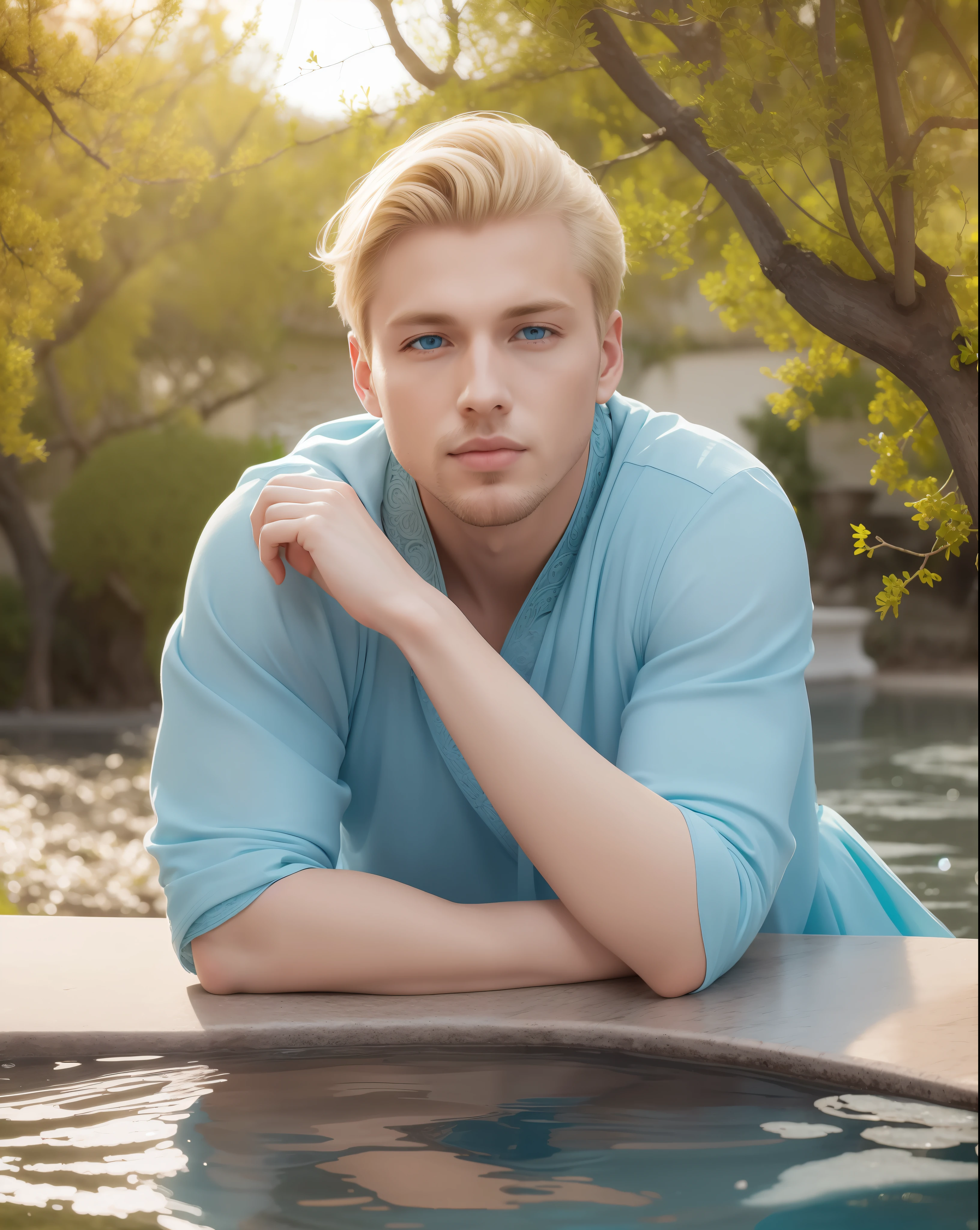 Handsome and blond man. Blue eyes. This apollada on a was te. Its reflection is seen in the water of the fountain. In the background you can see almond trees in bloom. Hyper-detailed. 8k. Photorealistic. High quality