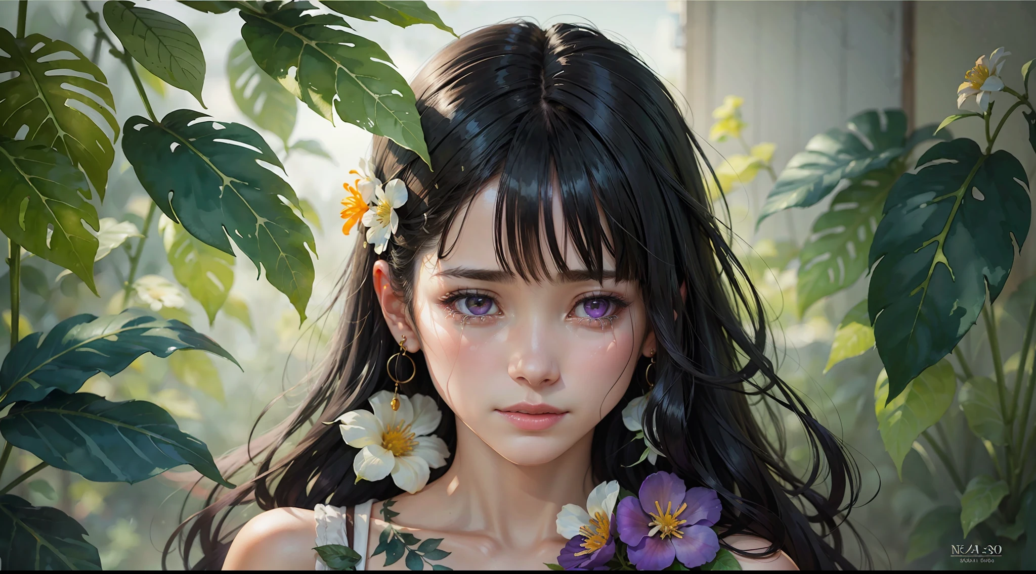 (Watercolor: 1.3), (Watercolor), Ink, A Girl, Solo, Flowers, Portrait, Leaves, Bangs, Black Hair, Long Hair, Purple Eyes, Flower Earrings, (Crying) 4K Resolution, High Resolution, Ultra High Resolution, Epic Shooting, Detailed, Accurate, Detailed, (Masterpiece)