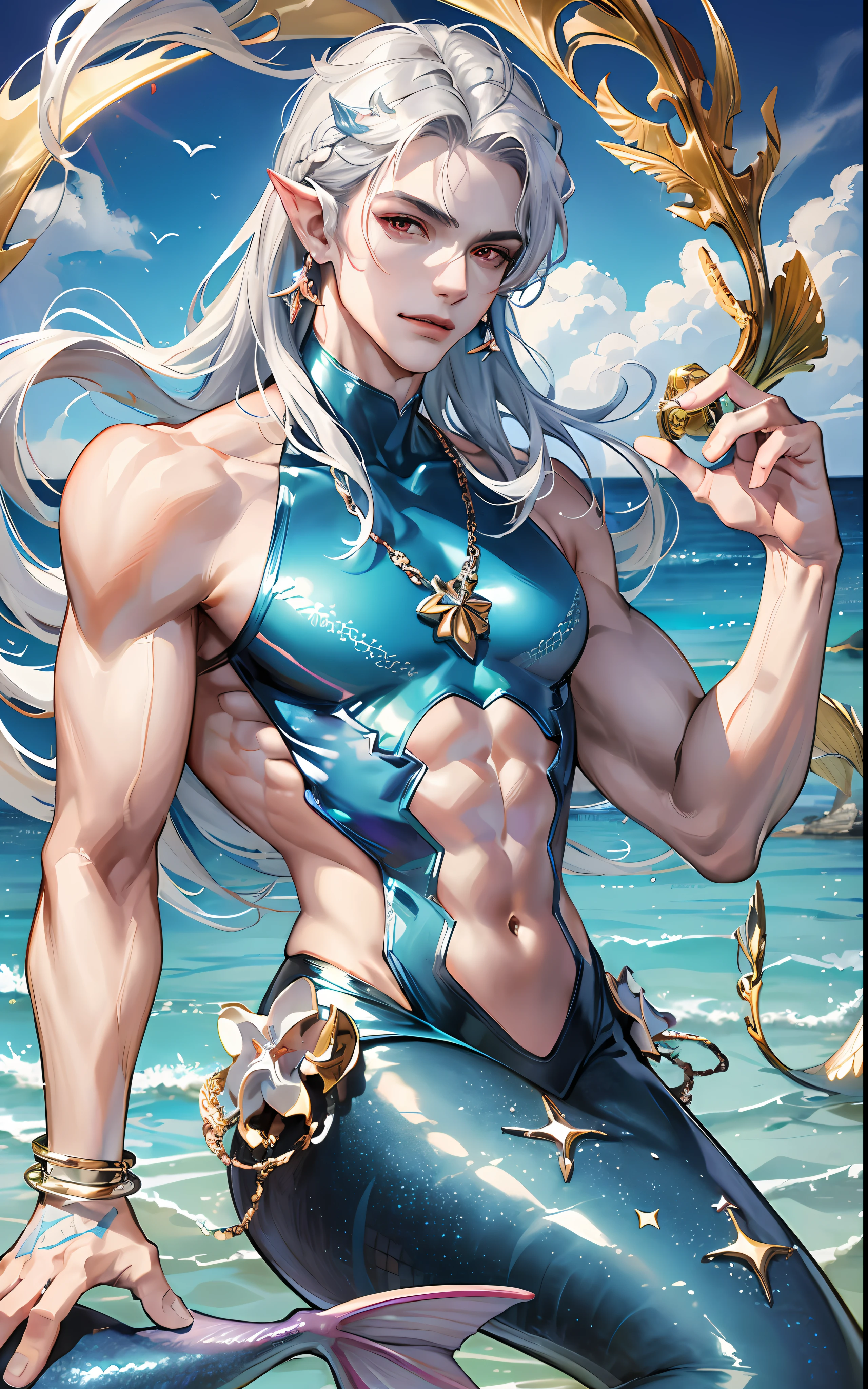 man, masculine, masculine face, attractive, muscular, (((1man))), masterpiece, absurdres, best quality ,intricate details , (shiny skin, shiny body, shiny oily luster skin, shiny hair, pale skintone), Sundown, attractive, ((muscular)), adult, one, earrings, Don't look at the view , Not looking at the view, silver hair, braided hair, perfect detailed face, perfect detailed hands, triton, fins, red eyes, triton ears, ((MLS)), smirk, medium large shoot, marine ornaments, beach in the background, ((mermaid tail)), no legs