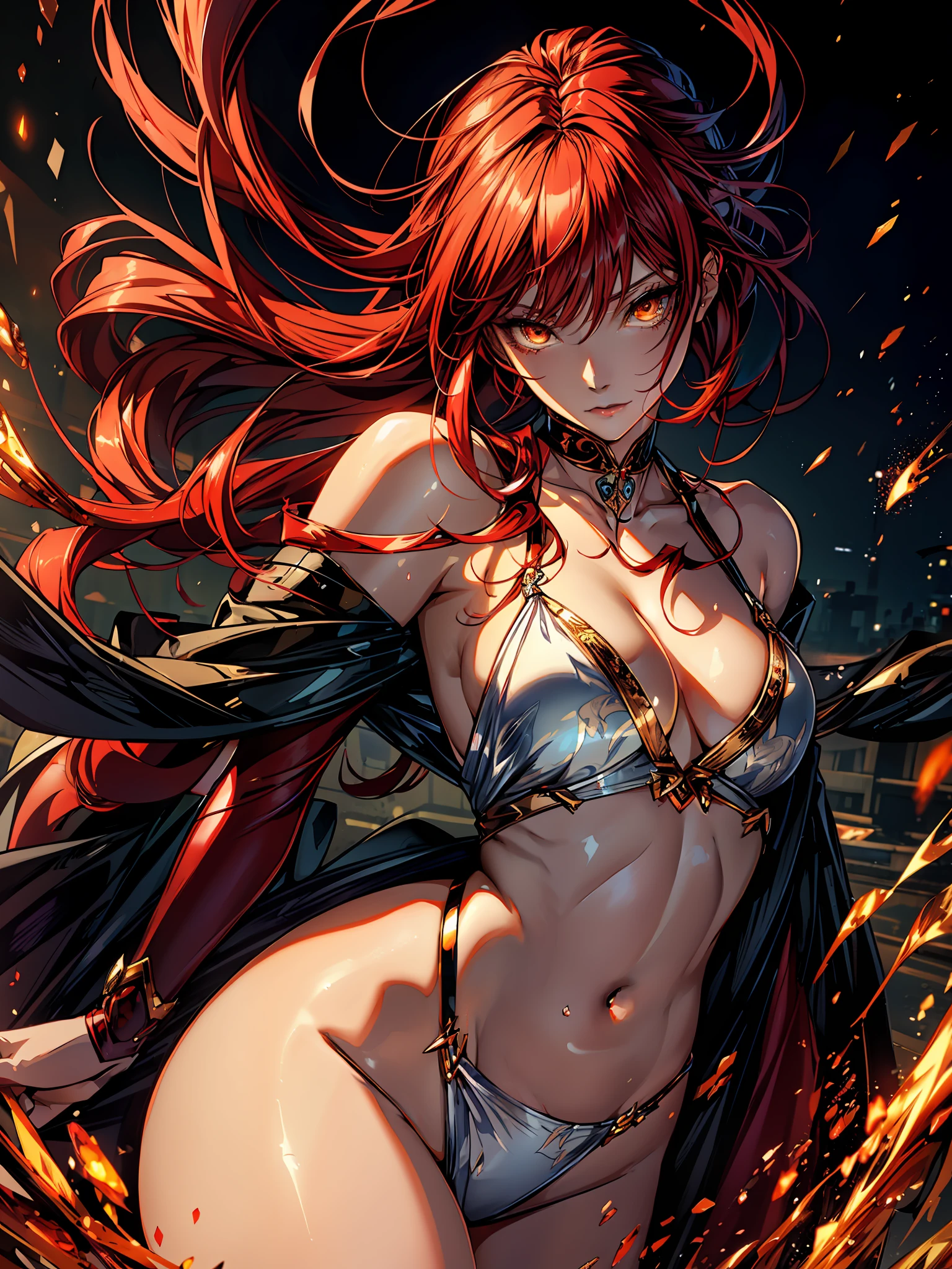 best quality, ultra-detailed, high resolution, extremely detailed cg, anime picture, shiny hair and skin,, dynamic stylish pose, (pov),makima \(chainsaw man\),Red Hair,long hair,golden eyes,kimono,looking at viewer,makeup,lipstick,temptation,white kimono,