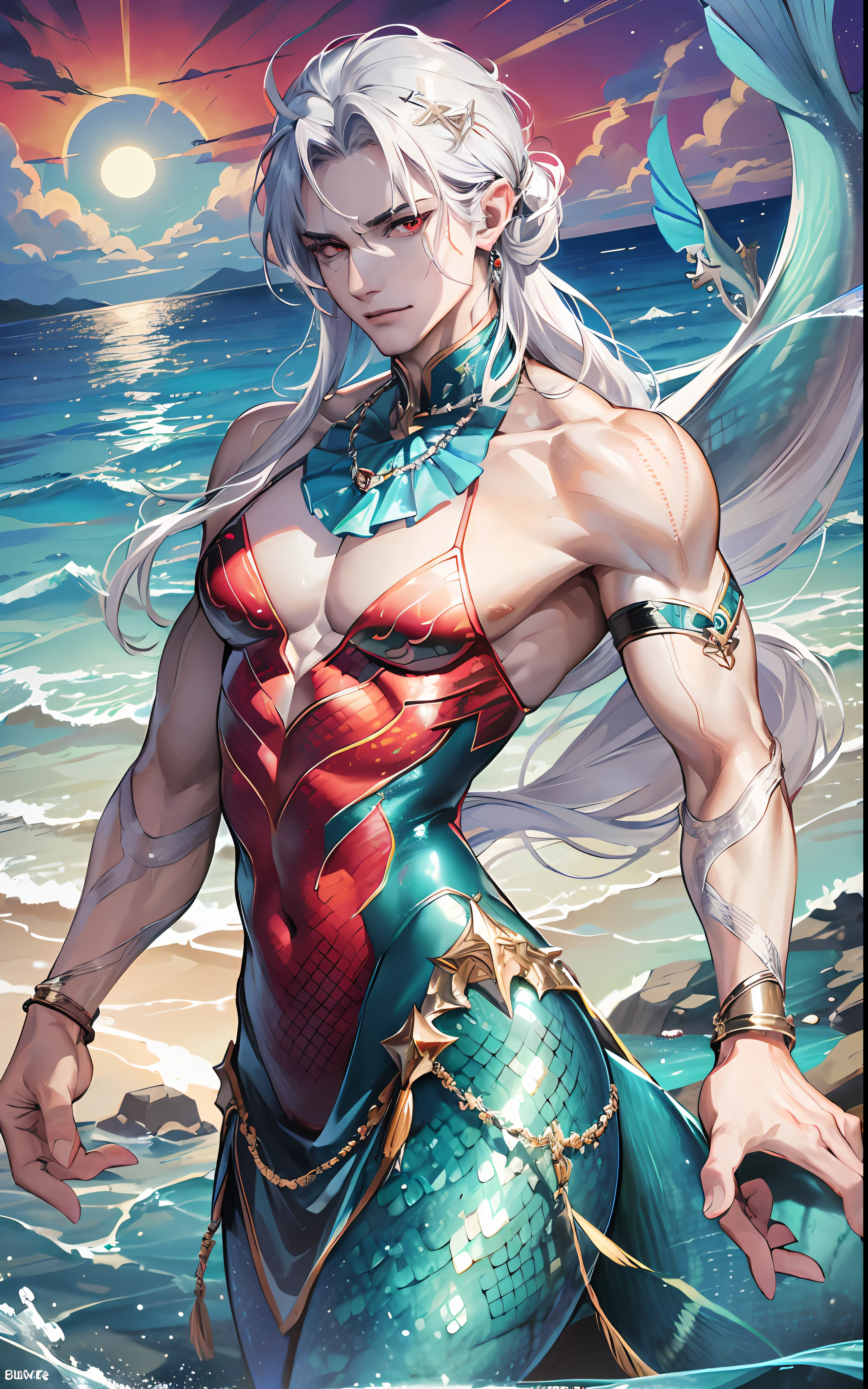 man, masculine, masculine face, attractive, muscular, (((1man))), masterpiece, absurdres, best quality ,intricate details , (shiny skin, shiny body, shiny oily luster skin, shiny hair, pale skintone), Sundown, attractive, ((muscular)), adult, one, earrings, Don't look at the view , Not looking at the view, silver hair, braided hair, perfect detailed face, perfect detailed hands, triton, fins, red eyes, triton ears, ((MLS)), smirk, medium large shoot, marine ornaments, beach in the background, ((mermaid tail)), no legs