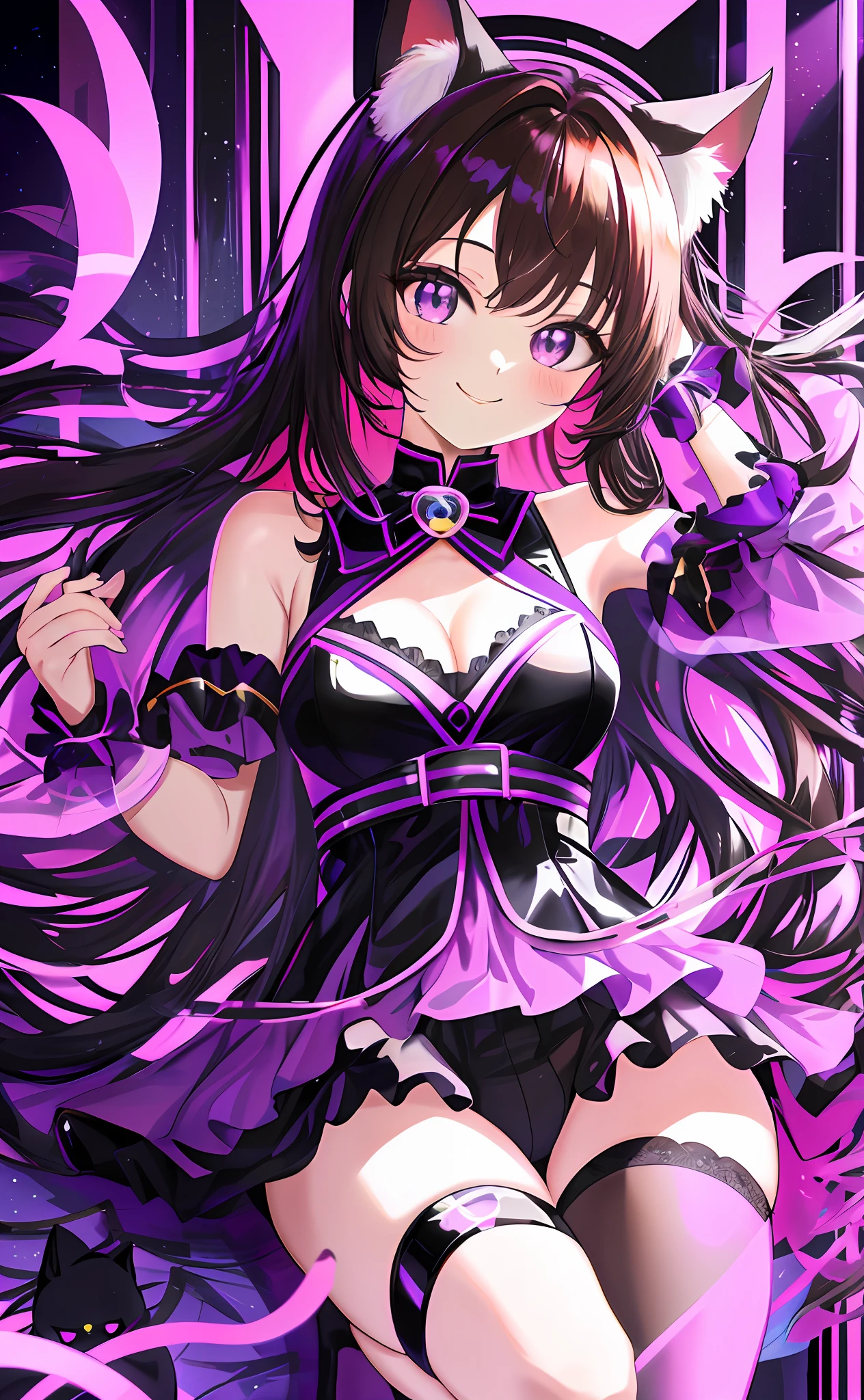 (Chibi Chibi: 1.3), Solo, Full Body, Glossy Purple Goth , Lying, Highly Detailed Face, (Absolute Area: 1.3), (Smile: 1.4), Lively, (Gravure Pose: 1.5), Beautiful Detailed Eyes, Look Up, (Eye Fit), Light Brown Long Hair, Cat Ears, Neon, Masterpiece, Top Quality, Highly Detailed 8k Wallpaper