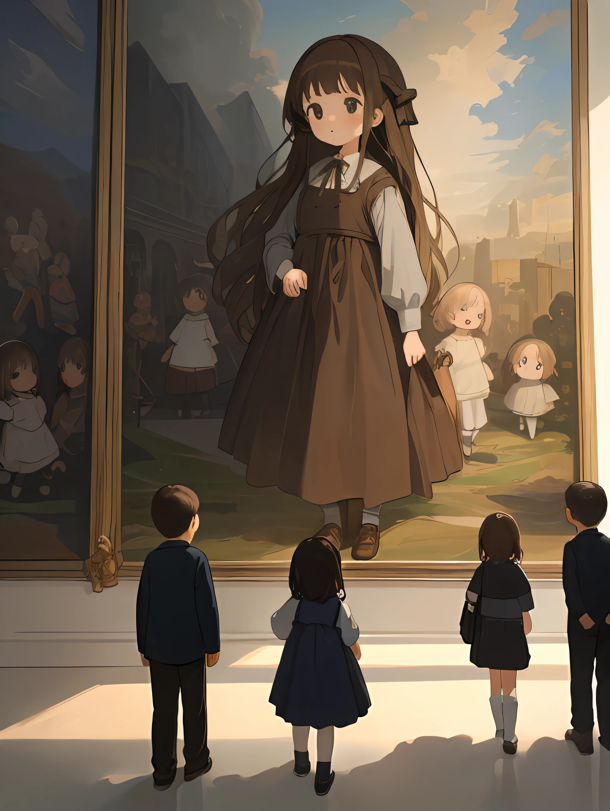 Help me to draw a scene depicting five children in a spacious art museum, standing in front of a huge rectangular oil painting.