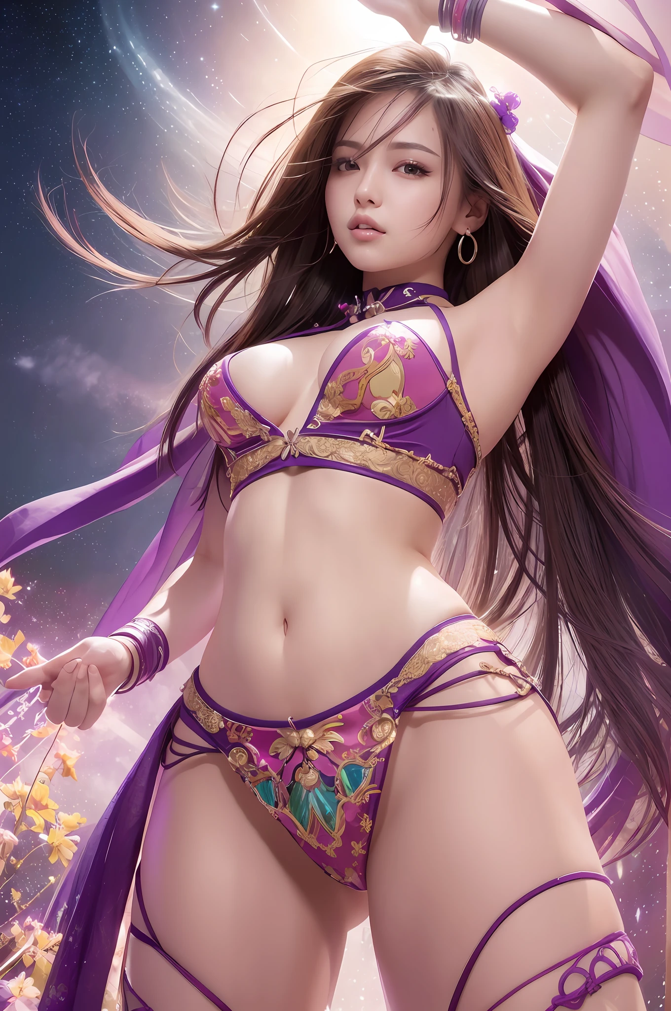 RAW photos, (Photorealistic Stick: 1.5), Highly Detailed Skin: (Exposure: 1.1), (Exposed Back: 1.5), (Exposed Shoulders: 1.1), (Exposed Crotch: 1.5), (Exposed Navel), Detailed Navel, (Top-Down View: 1.5), (Professional Lighting: 1.5)), Colossal, (Fractal Art: 1.3)), Backlight, Illuminate from Front, ( Full body shot), (NSFW), (masterpiece, top quality, highest quality, official art, beautiful and aesthetic: 1.2), one woman, 25 years old, (big: 1.5), smile, purple and yellow, seven colors, translucent pink cloak, colorful, waifu, juri misaki, rin kagamione, joyful, hope, dance, (strong wind),